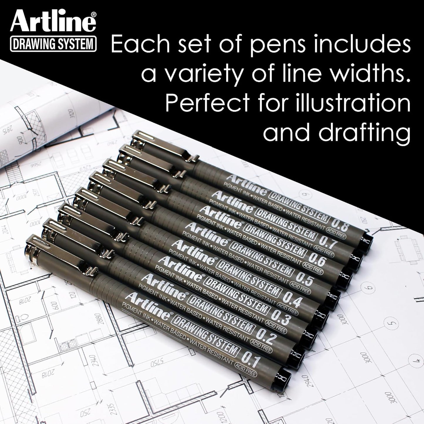 Artline 230 Drawing System Pens, Technical Drawing Pens For Drafting, Illustrating, and More, 0.1mm, 0.3mm, 0.5mm, and 0.7mm Fine Tips - Black, 4-Pack