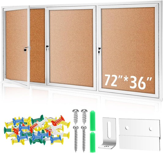 72" x 36" Enclosed Bulletin Board Outdoor 3 Door Weatherproof Tamper-Proof Enclosed Cork Board with Lock Aluminum Frame Display Case for Back to School, Office Commercial, 18xA4(Wood Color)