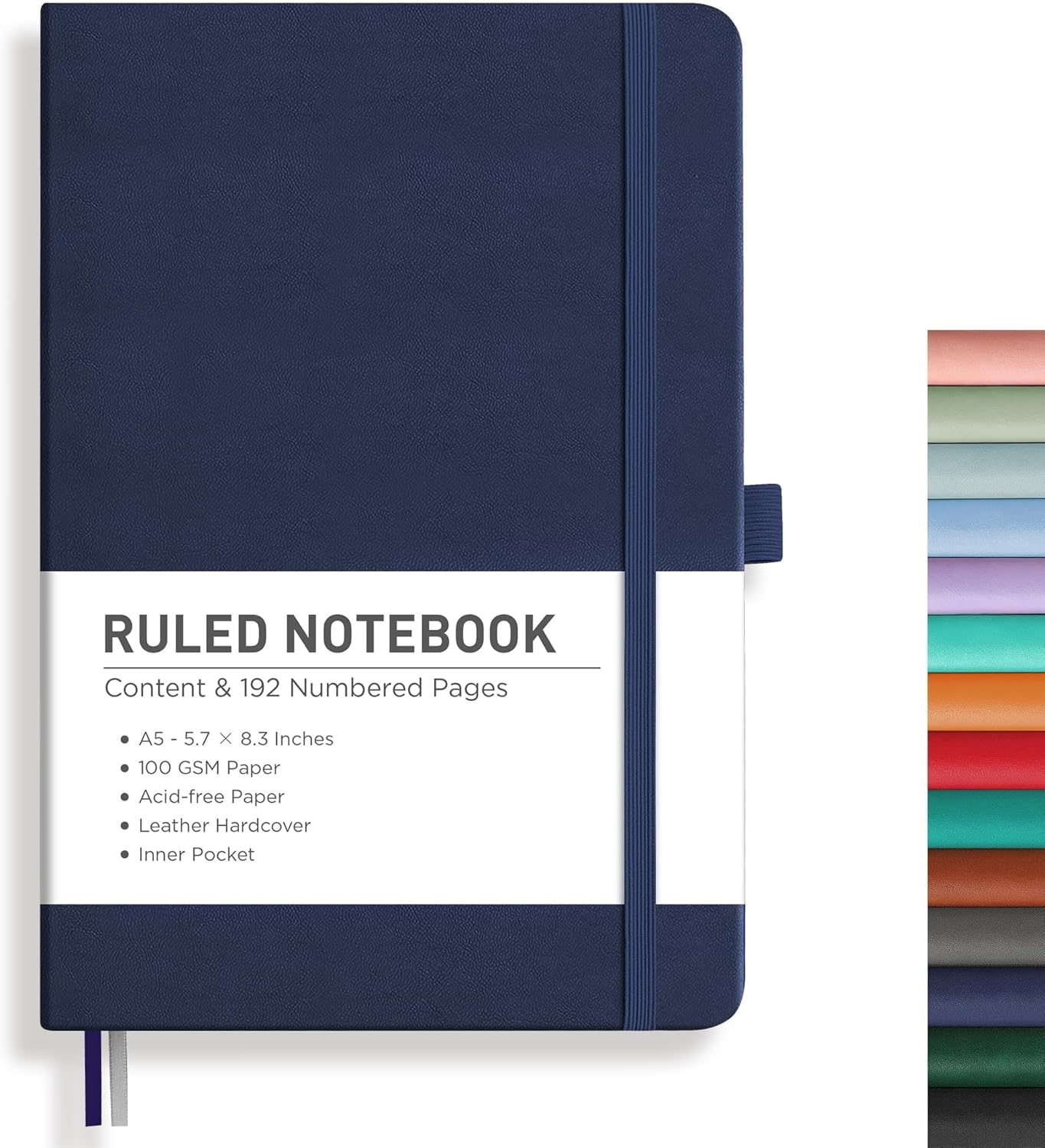 RETTACY Lined Journal Notebook, 192 Numbered Pages, A5 Medium Size (5.7'' x 8.3''), for Men & Women, Journaling, Writing, Work & Office, Leather Hardcover, 100 GSM Thick Paper (Navy Blue)