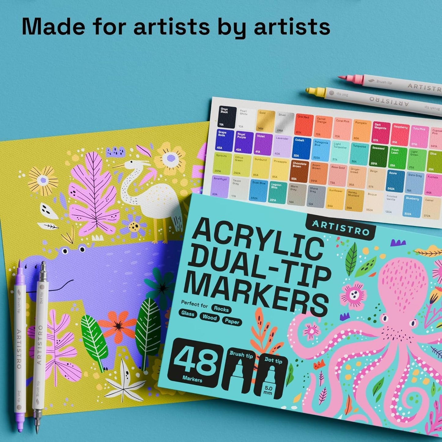 ARTISTRO 48 Wine Glass Acrylic Paint Markers - Washable Non-Toxic Dual Tip Acrylic Paint Pens for Car Window, Mirror, Ceramic