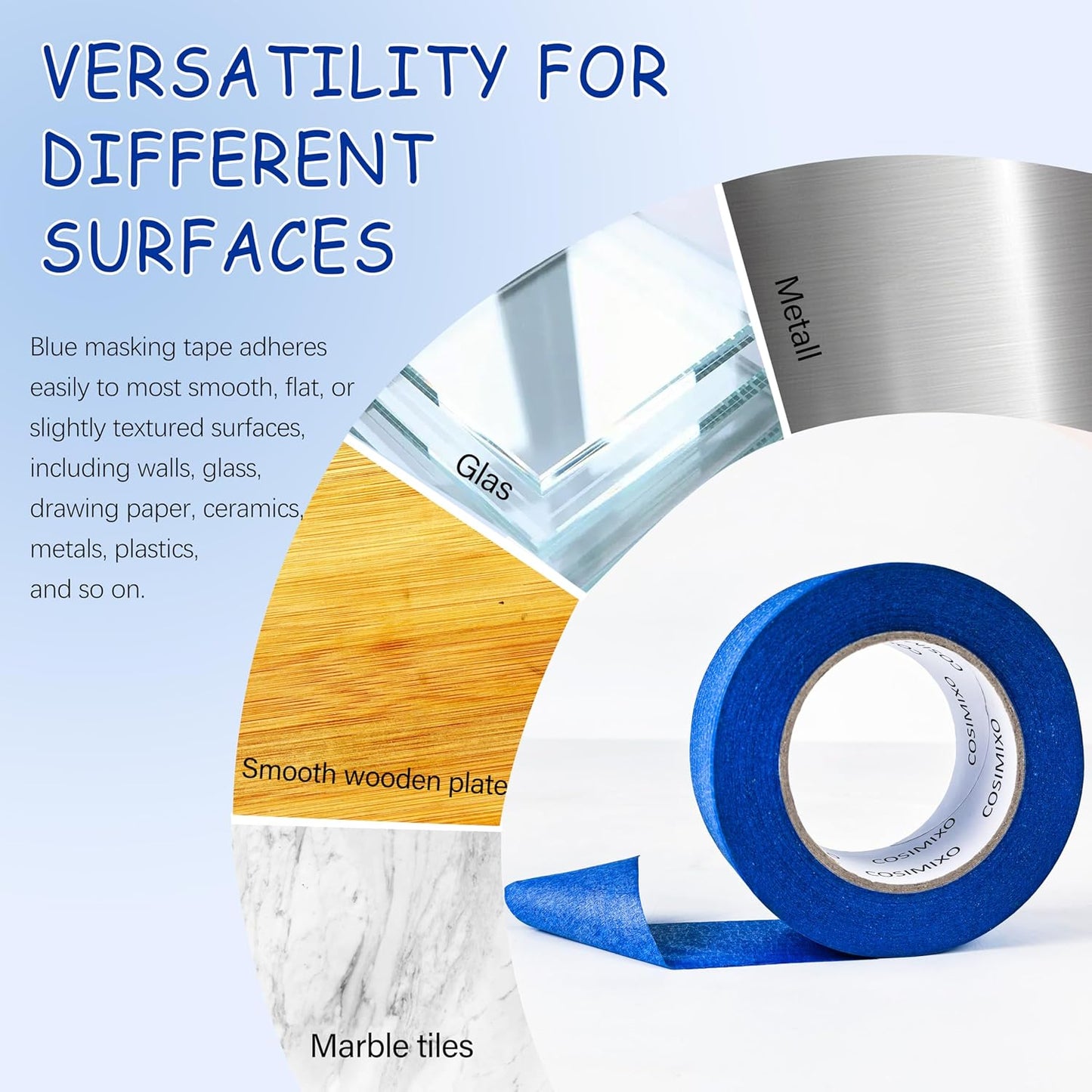 COSIMIXO Blue Painters Tape 1.88 in x 60 Yds, 6 Rolls Pack – Professional Grade Blue Masking Tape for Painting, Protects Surfaces & Residue-Free Removal, Multi-Surface Use on Wall Painting, Labeling