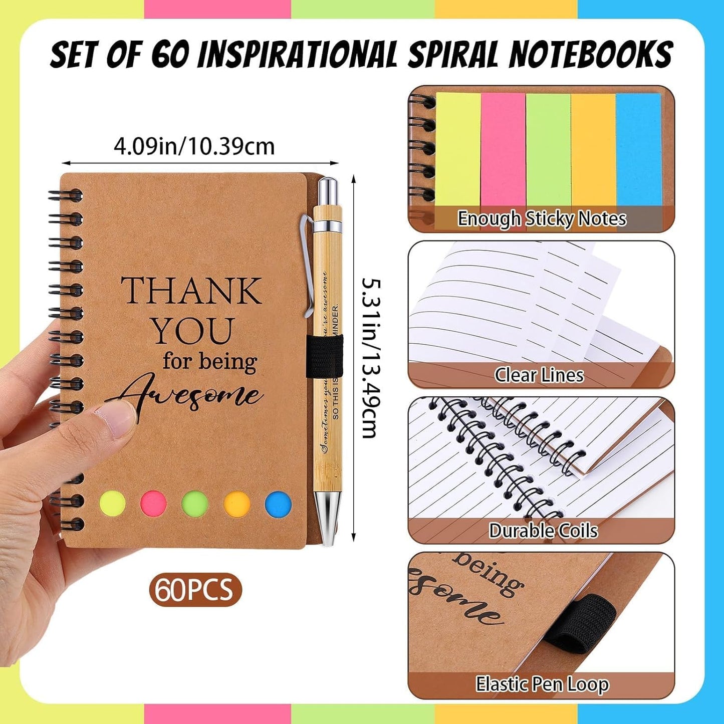 60 Sets Employee Appreciation Gifts Spiral Notebooks with Sticky Notes Notepads Thank You Journals Inspirational Bamboo Ballpoint Pens Bulk for Nurse Teacher Coworker