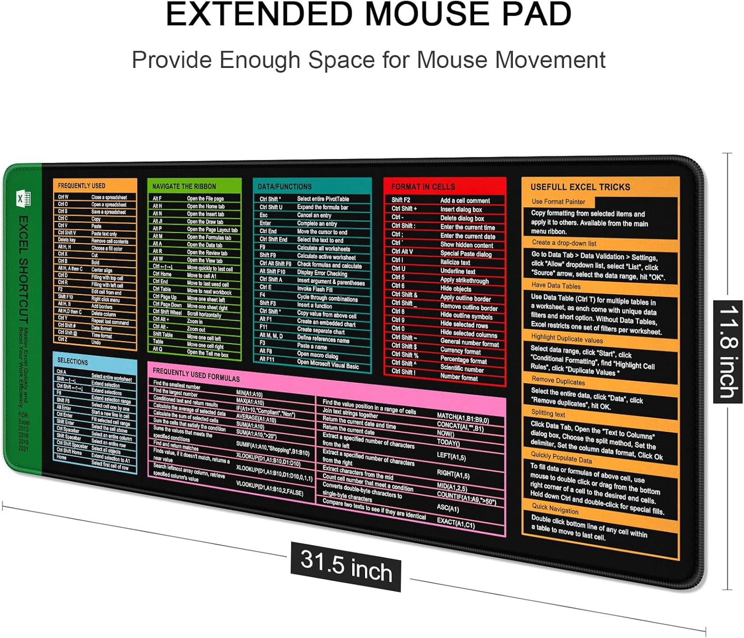 Auhoahsil Large Mouse Pad, XL Gaming Mousepad, Desk Mat for Desktop, Thick Rubber, Big & Long Size, Stitched Edges, Full Desk Pad for Laptop & Computer, Extended 31.5 x 11.8 in, Excel Shortcut