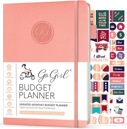 GoGirl Budget Planner – Monthly Financial Planner Organizer Budget Book. Expense Tracker Notebook Journal to Control Money, A5 (Peach Pink)