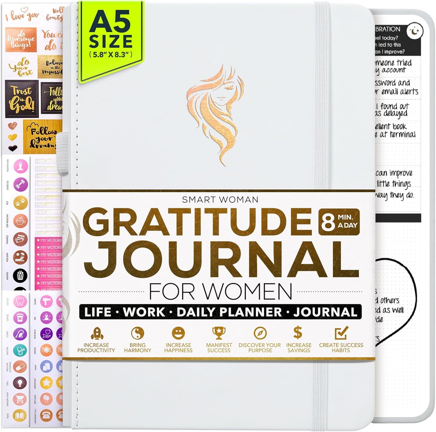 Gratitude Journal for Women & Men - 5 Minute Self Care Journal | 90-Day Undated Daily Planner for Positivity, Affirmations & Manifestation | Guided Mindfulness, Reflection | Vision Board + Stickers