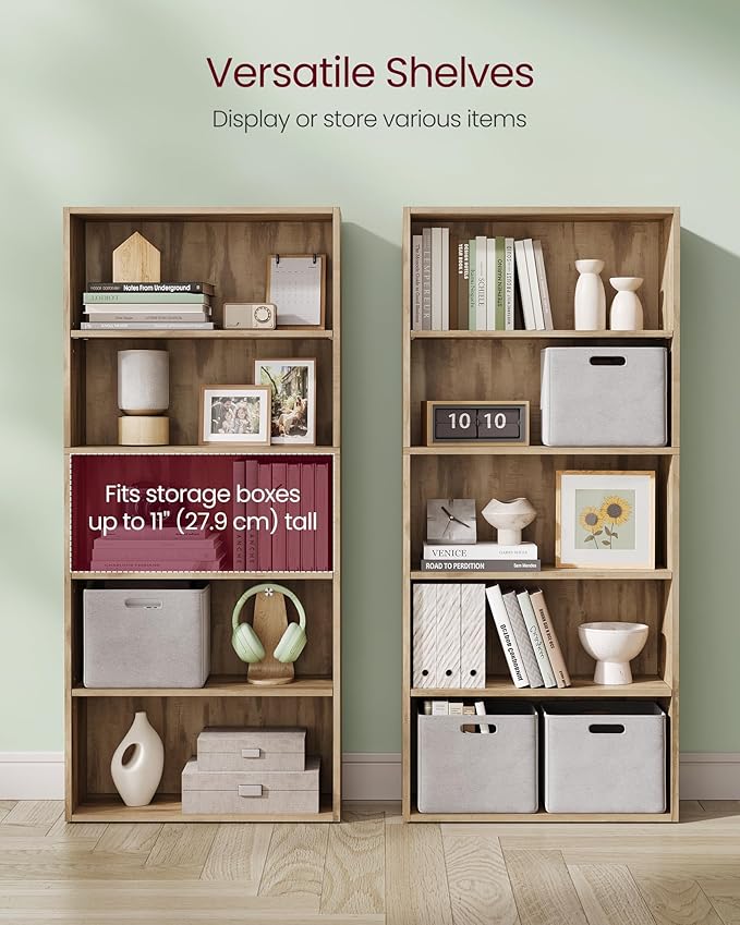 VASAGLE Custos Collection - Bookshelf, 5-Tier Bookcase, Book Shelf, Open Storage Shelf, 9.4 x 23.6 x 52.8 Inches, for Living Room, Home Office, Dinning Room, Camel Brown ULBC165T50