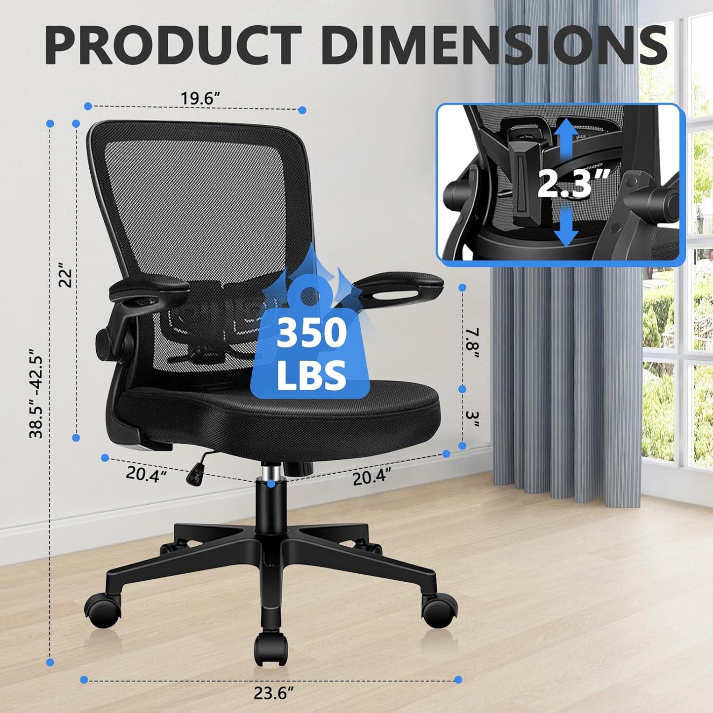 Desk Chairs with Wheels, Ergonomic Mesh Office Chair Adjustable Height and Swivel Lumbar Support Home Office Chair with Flip Up Armrests (8PK)