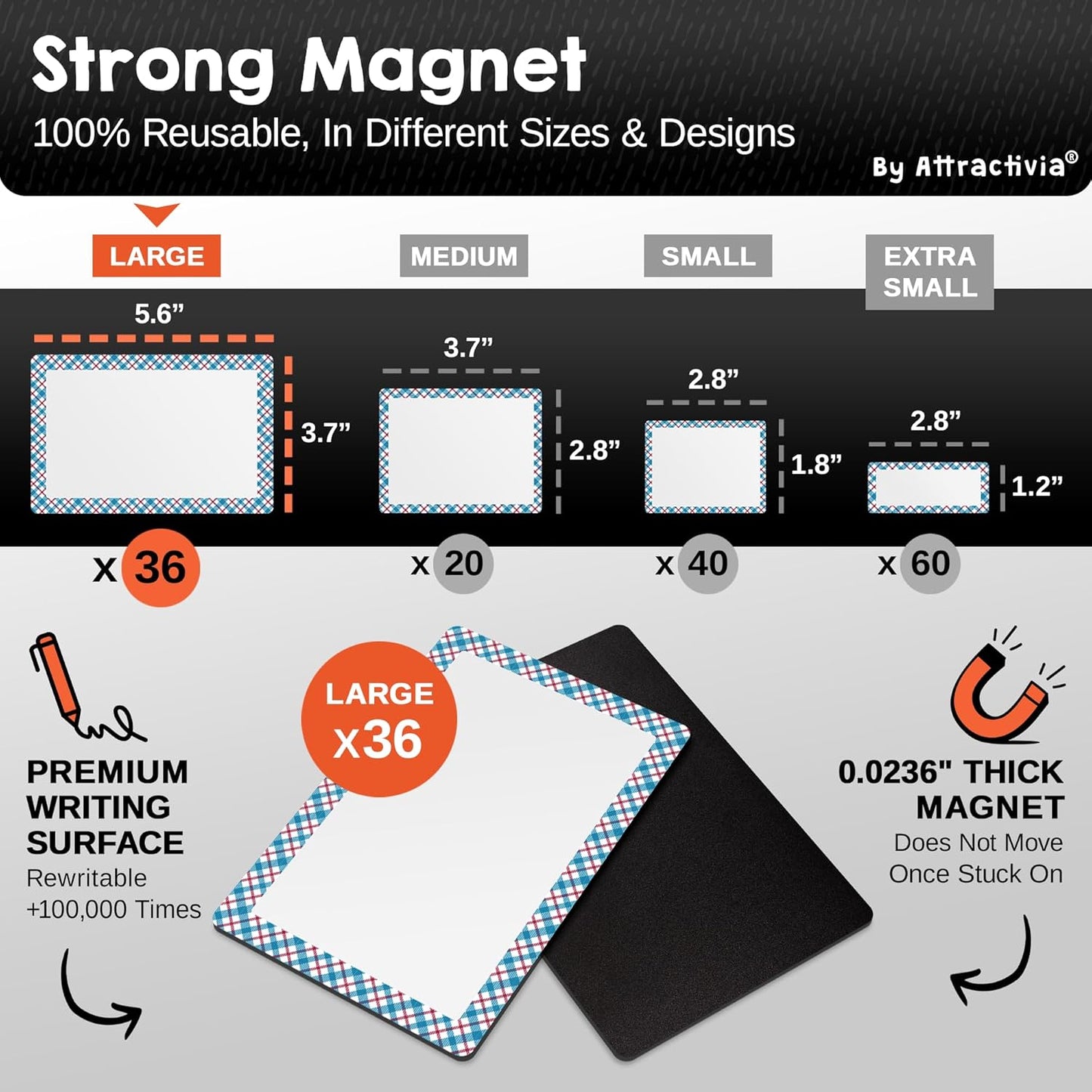 Dry Erase Magnetic Labels 5.6 x 3.7 in, Pattern Borders, Large Dry Erase Magnets, 36-Pack, Erasable Write-On All-Purpose Labels, for Office, Education, Home, Whiteboard