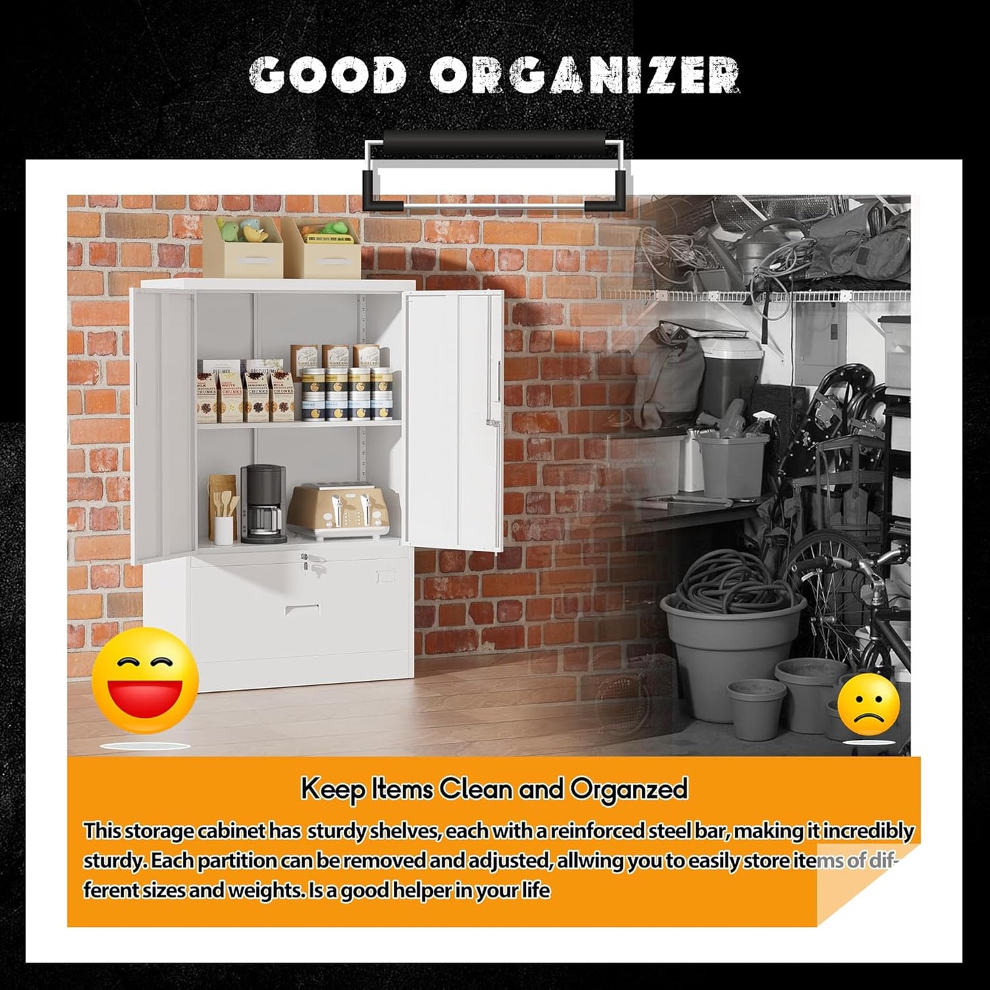 INTERGREAT Metal Storage Cabinet,Metal File Cabinet with Lockable Doors and Adjustable Shelves，Pantry Storage Cabinets for Garage,Home Office,Kitchen(White)