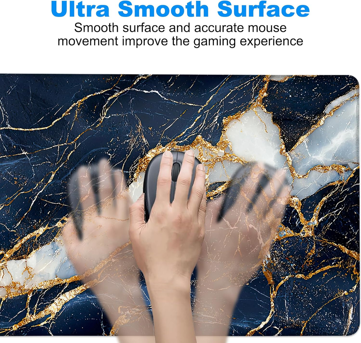 Desk Mat, Navy Blue and White Marble Texture Large Gaming Mouse Pad with Non-Slip Base Stitched Edges,Desk pad for Keyboard and Mouse Home Office 35.4"x15.7"