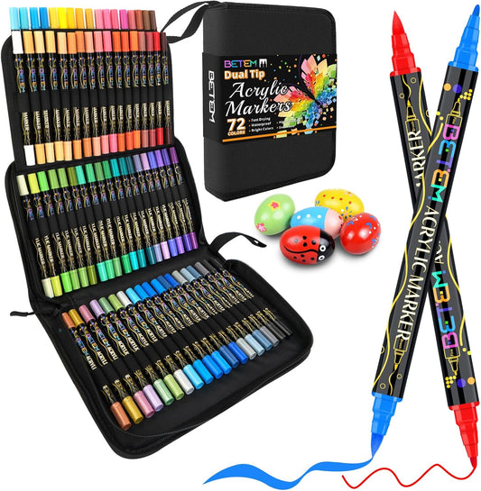 Betem Paint Markers Acrylic Paint Pens, Dual Tip 72 Colors Acrylic Markers with Brush Tip and Fine Point, Art Supplies for Wood, Canvas, Stone, Glass, Rock Painting Kit DIY Crafts Drawing Kit with Bag
