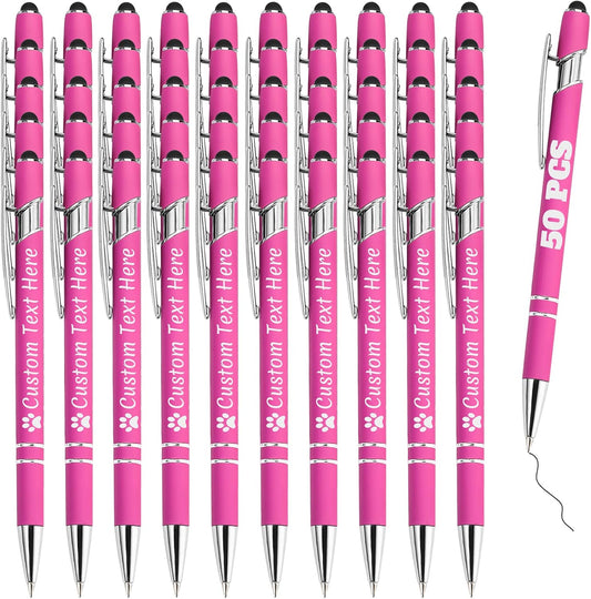 Personalized Pens Bulk 50 with Name Custom Engraving Ballpoint Pens with Stylus Tip Customized Smooth Writing Pens Personalized Gifts for Anniversary Birthday or Graduation(Pink,Black Ink)