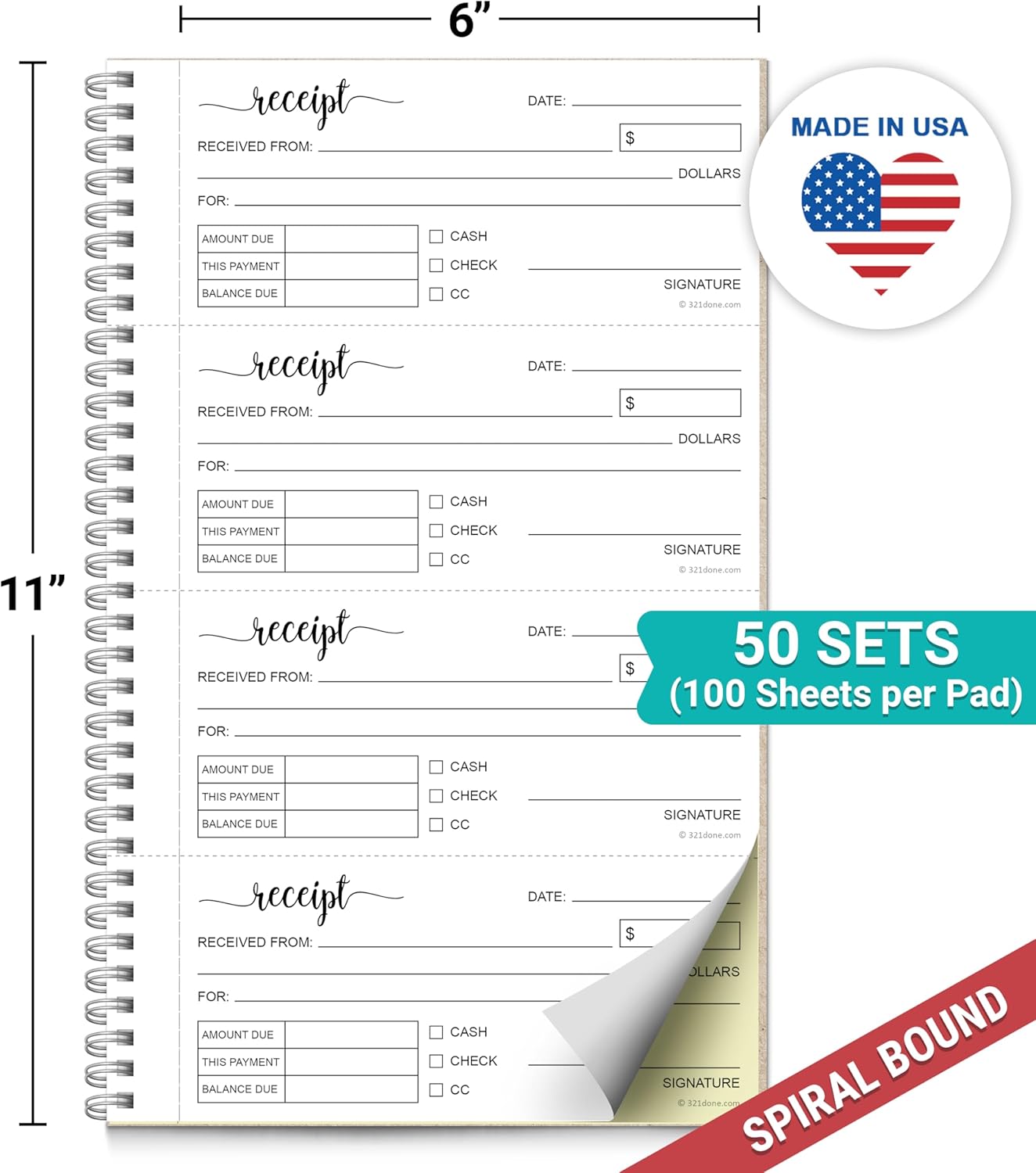321Done Receipt Book, 11x6 2-Part Carbonless Spiral Bound, Made in USA, 4 Receipts per Page, 50 White/Yellow Pages, 200 Sets per Book, Receipt Book with Carbon Copies for Small Business