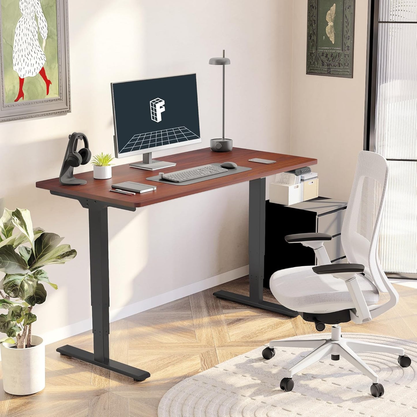 FLEXISPOT E6 Essential 3 Stages Dual Motor Electric Standing Desk 48x30 Inch Whole-Piece Board Height Adjustable Electric Sit Stand Desk(Black Frame + Mahogany Desktop, 2 Packages)