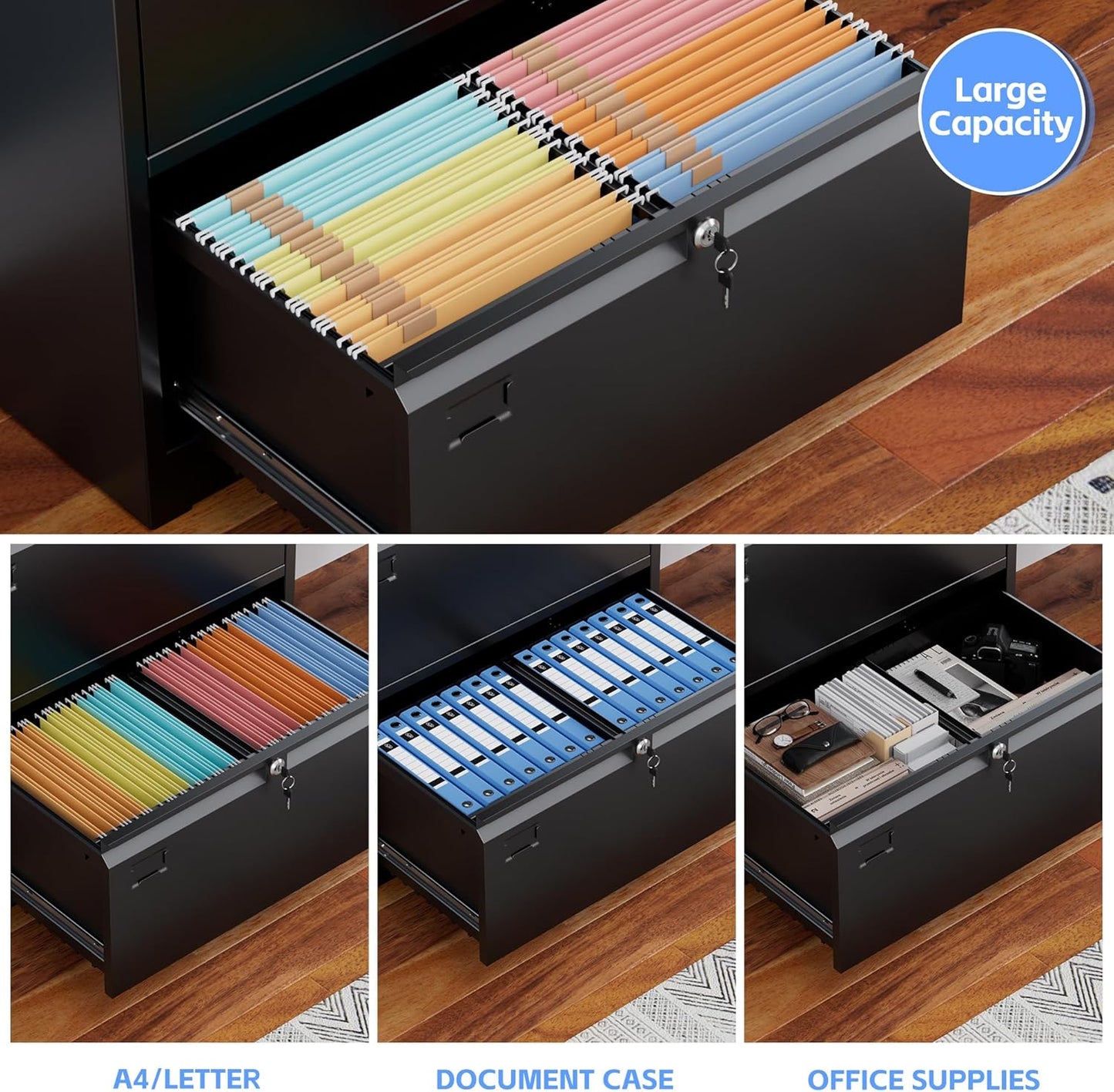 4 Drawer Lateral File Cabinet, Metal Wide Filing Cabinet with Independent Locks, Home Office Furniture for Hanging Files Letter/Legal/F4/A4 Size, Assembly Required, Black