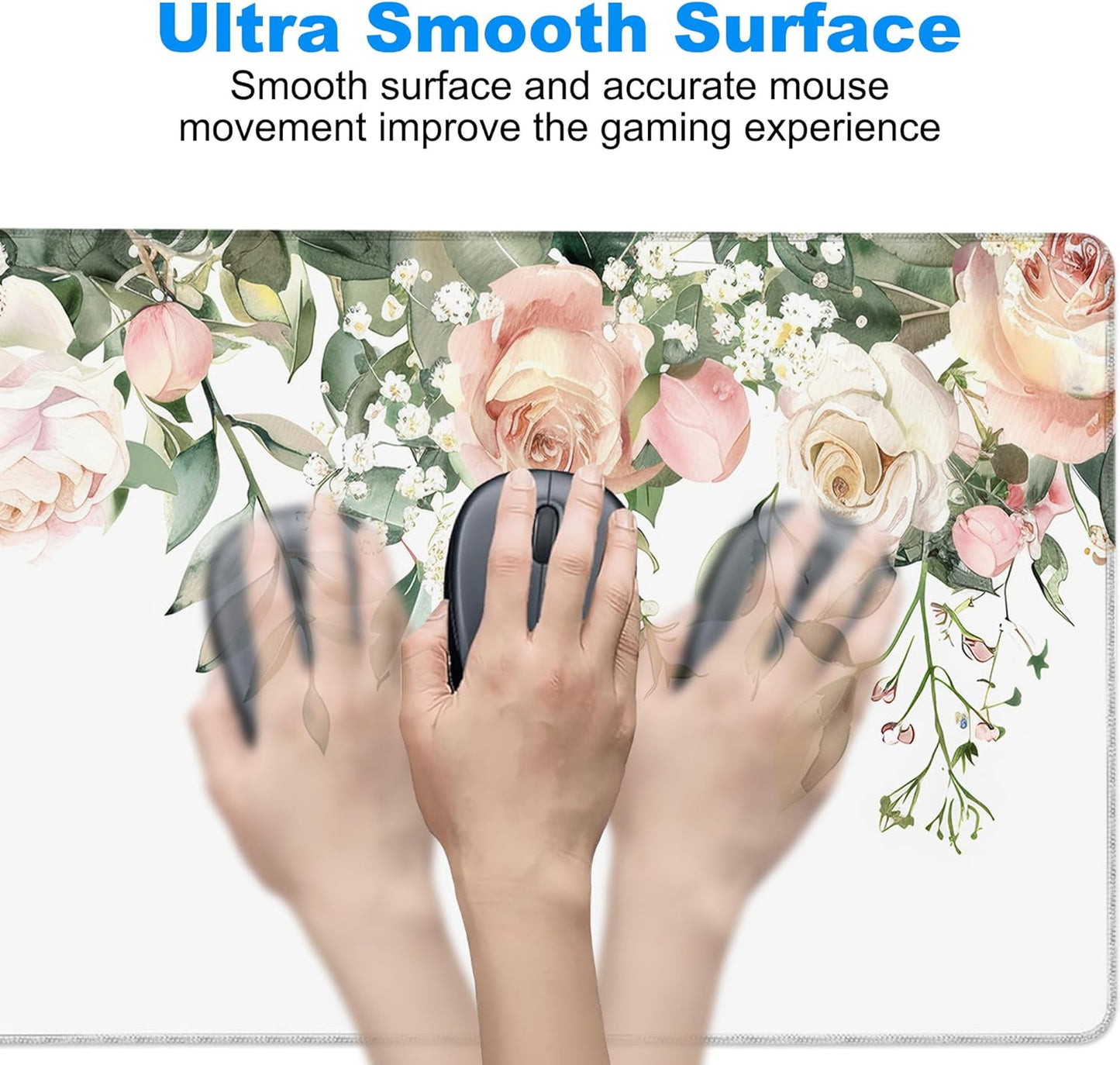 Desk Mat, Watercolor Pink Peony Flowers and Leaves Large Gaming Mouse Pad with Non-Slip Base Stitched Edges,Desk pad for Keyboard and Mouse Home Office 35.4"x15.7"