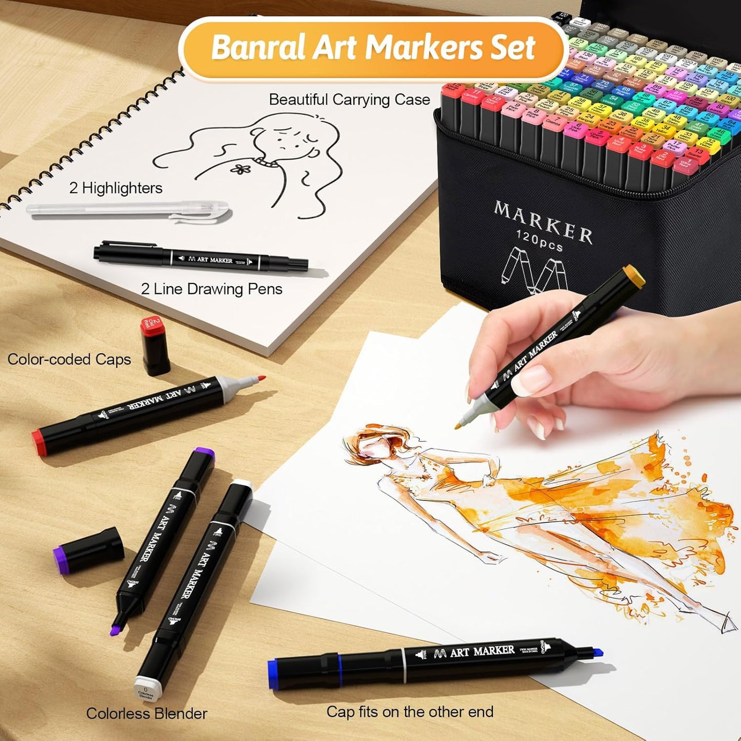 Banral Alcohol Markers Set, 120 Colors Dual Tip Alcohol Based Art Markers Pens for Artists, Permanent Drawing Markers for Adult Coloring Sketching Illustration with Case and Holders