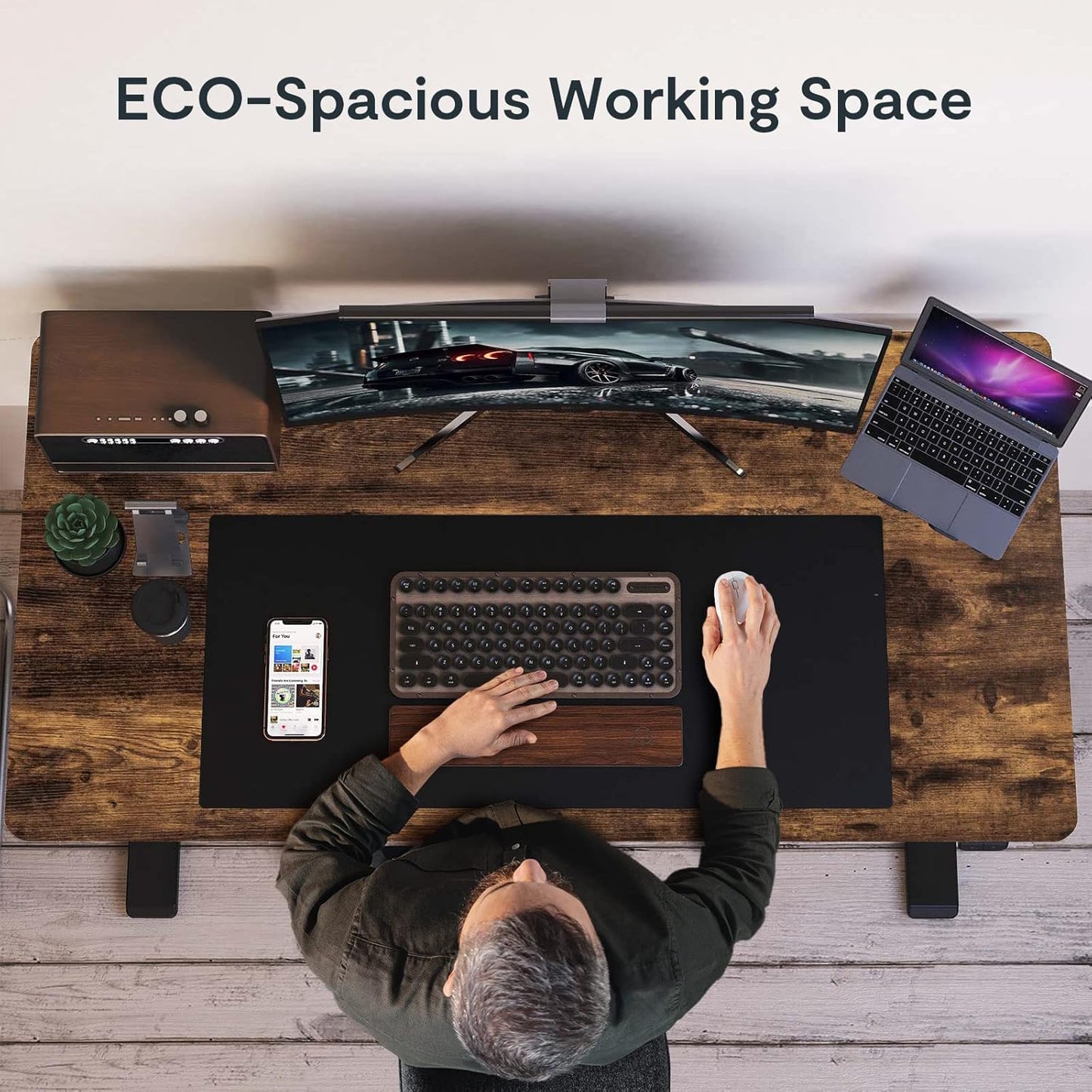 FLEXISPOT EN1 Whole-Piece Standing Desk, 48x30 Electric Sit Stand Desk for Home Office (Black Frame + Rustic Top, 2 Packages)