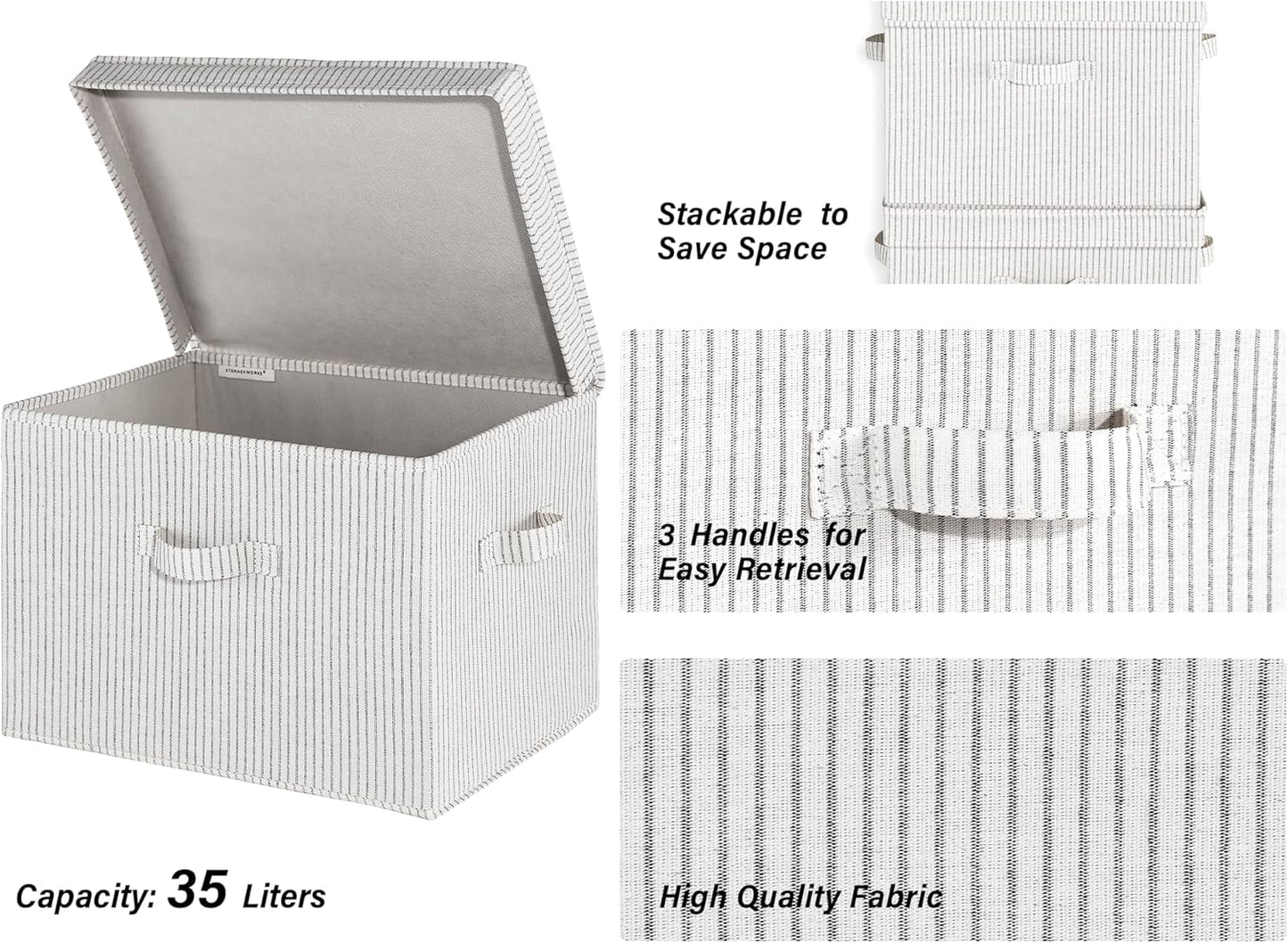 StorageWorks Fabric Storage Bins with Lid, Decorative Storage Boxes for Shelves, Stackable Closet Organizer Basket with Handles, Jumbo, Gray and White Stripes, 2-Pack