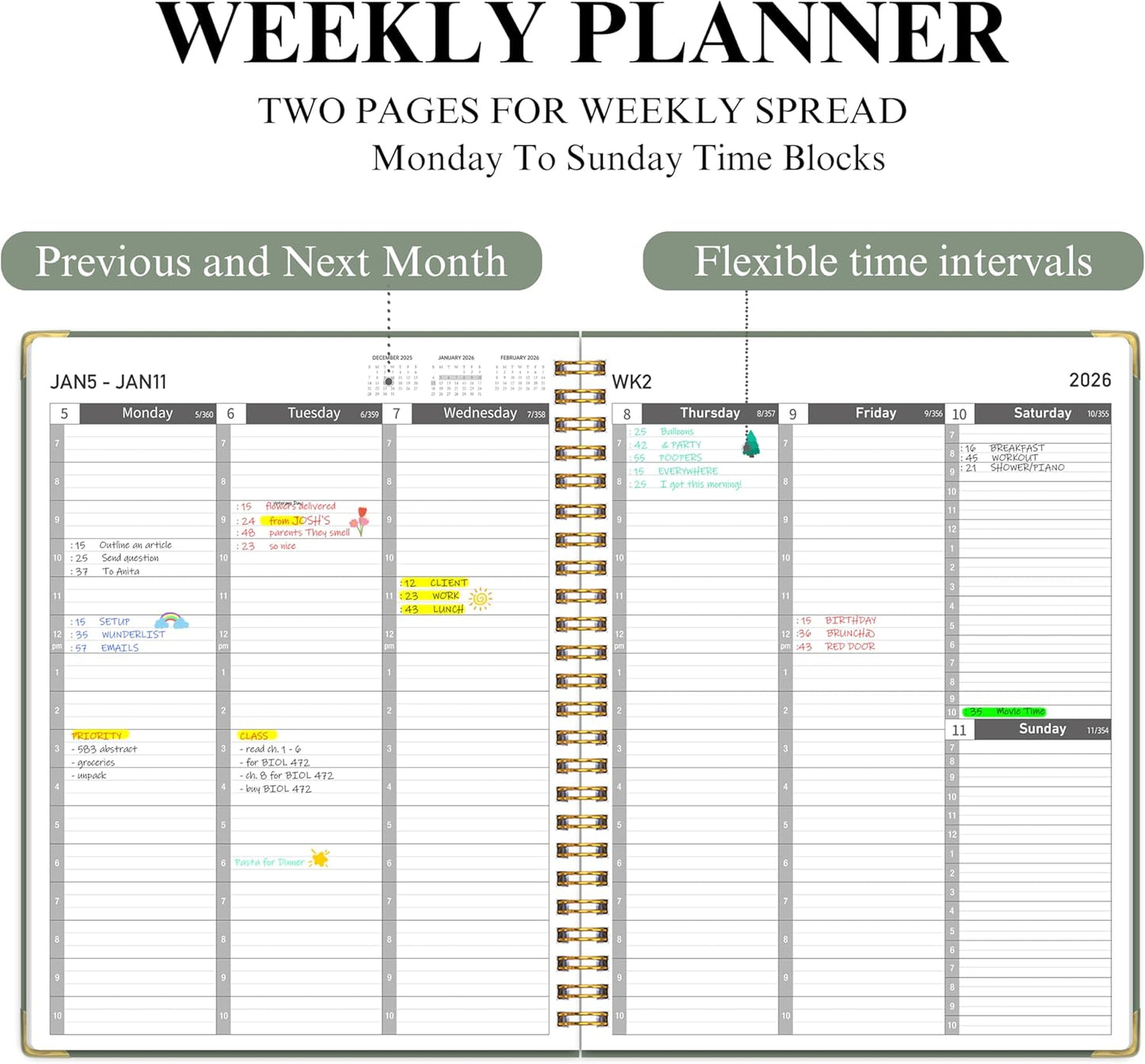 Appointment Book/Planner 2025-2026 - Daily Hourly Schedule Planner from 7am - 10 pm, Weekly & Monthly Hourly Appointment Book Calendar from July 2025 - June 2026, 9" x 11"-Green