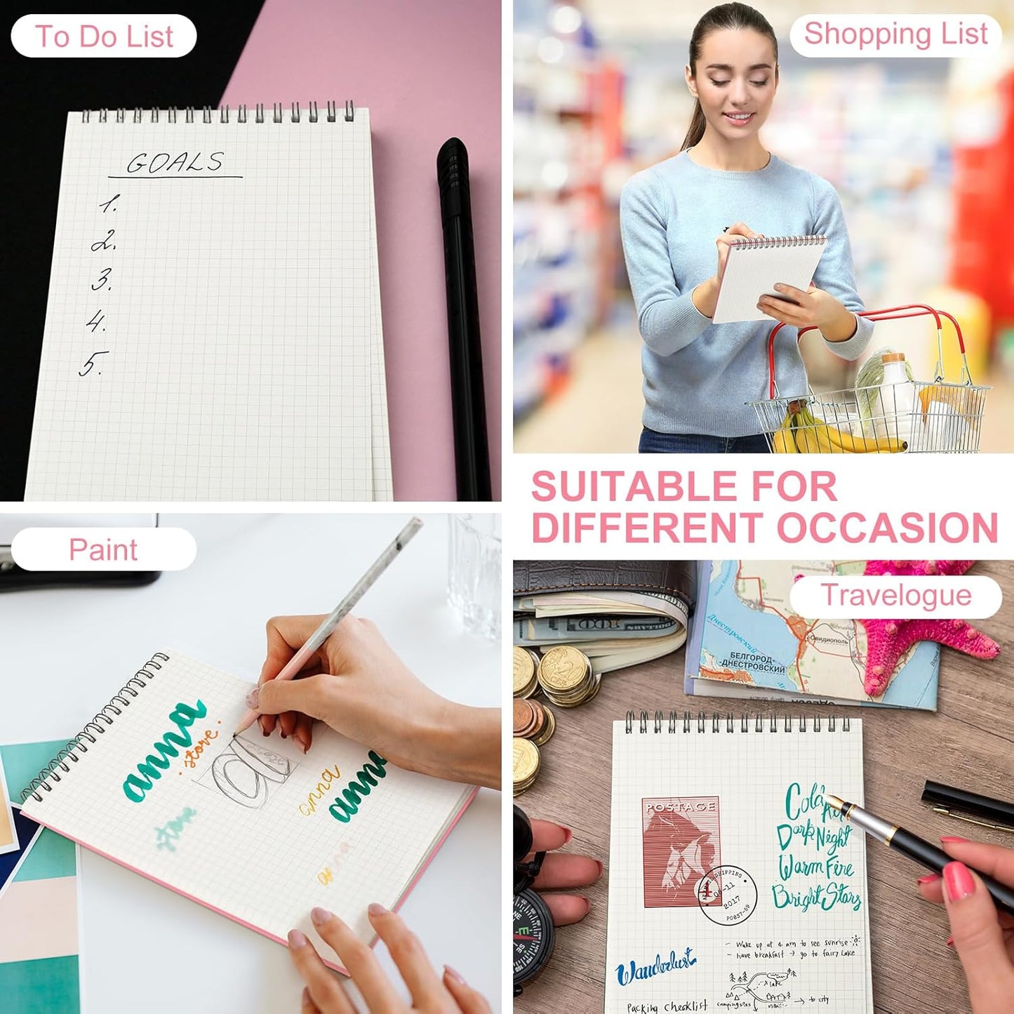 2 Pack Graph Paper Spiral Notepad A5 Top Wirebound Notepad Grid Notebook Steno Pads Memo Notebook Grid Paper 140 Pages for Writing Sketching Drawing Office Supplies (Pink)