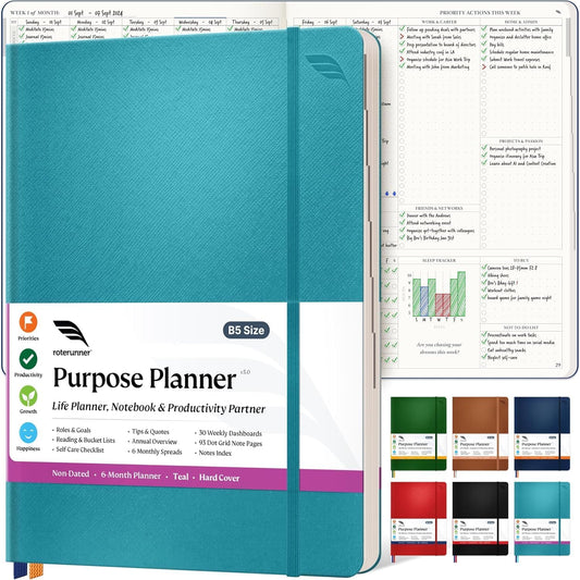 Purpose Planner Notebook B5 Hardcover 7.5”x9.8”- Teal Undated Daily, Weekly, and Monthly 2025 - Productivity & Goal Setting Tool for Work, Home, and Self-Care - ADHD & Journal for Adults