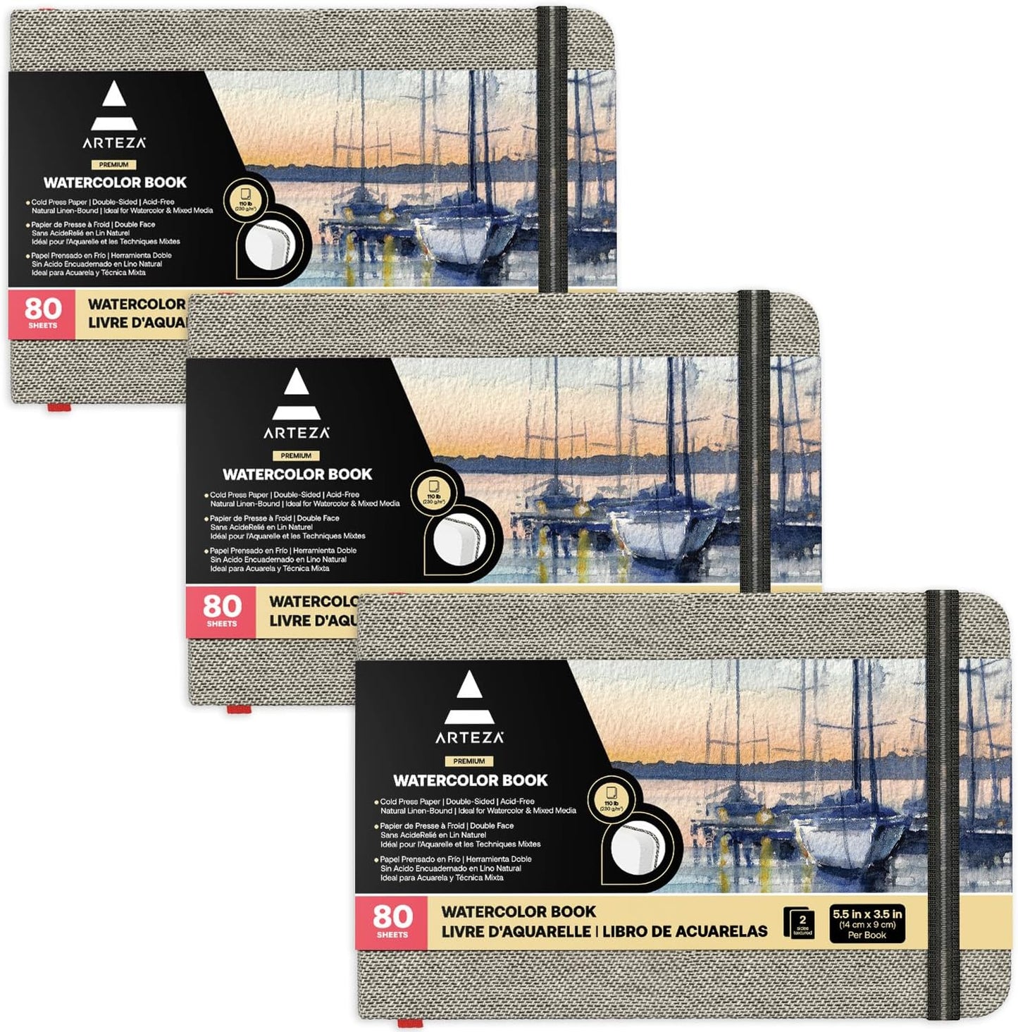 ARTEZA Watercolor Book, Pack of 3, 80 Pages Each, 3.5x5.5 Inch Watercolor Notebook, 110lb/230gsm Water Color Paper