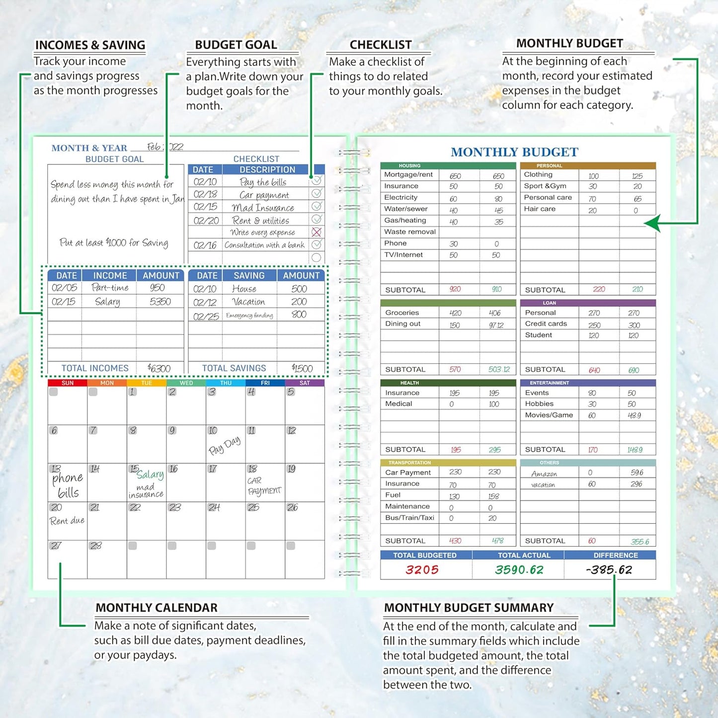 Budget Planner - Monthly Finance Organizer with Expense Tracker Notebook to Manage Your Money Effectively, Undated Finance Planner/Account Book, Start Anytimem,A5(8.6x5.9 inchs),100gsm Paper - Green