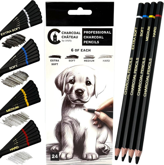 Charcoal Château - 24 Charcoal Pencils - Four Professional Hardness Levels - Perfect for Rich Shading, Sketching, Drawing & Art (24PCs)