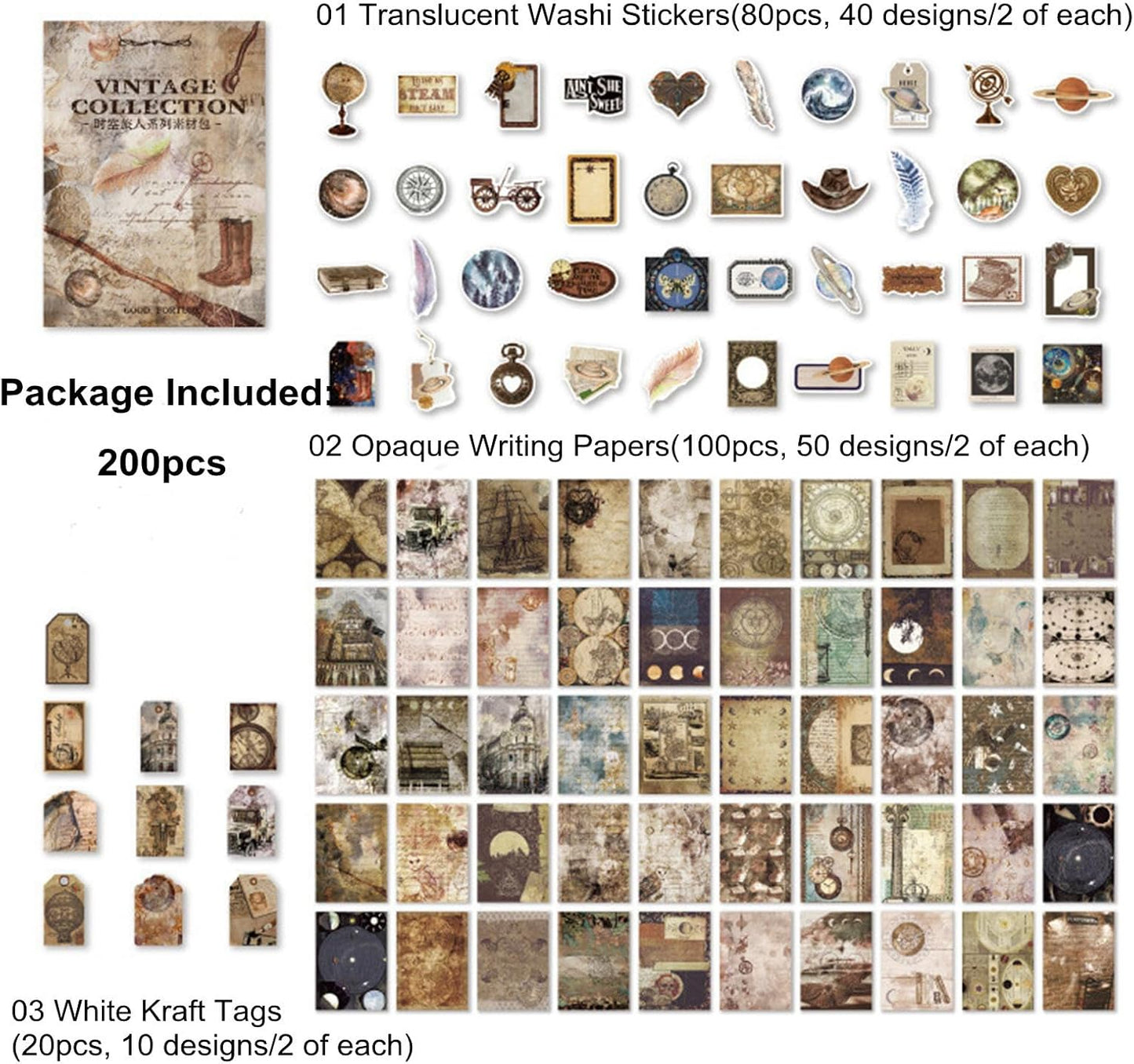 200PCS Vintage Scrapbooking Supplies Pack, Aesthetic Scrapbook Sticker Paper Art Journaling Kit for Bullet Junk Journals,Planner,Cottagecore Decor Gifts (Magic)