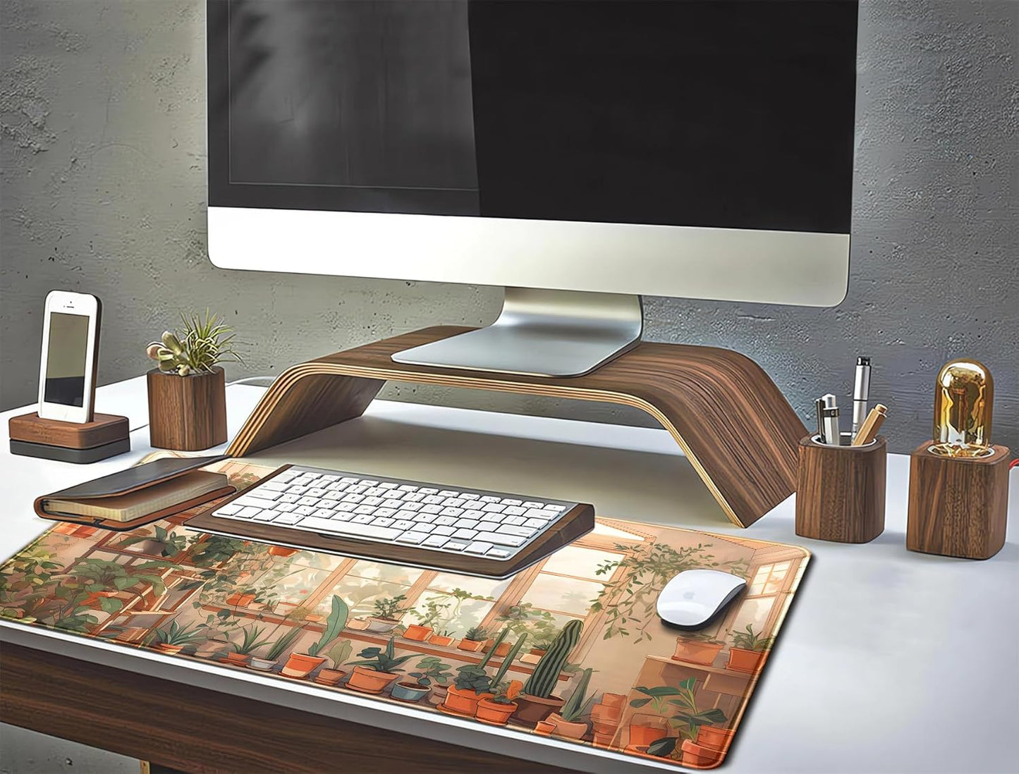 Cute Plant Lover Desk Mat Cozy Mouse pad Beige, XXL Large Extended Earthy Brown Green Aesthetic Floral Mousepad Gaming Desk Pad, Big Laptop Keyboard and Mouse Mat with Stitched Edges 31.5x15.7 in