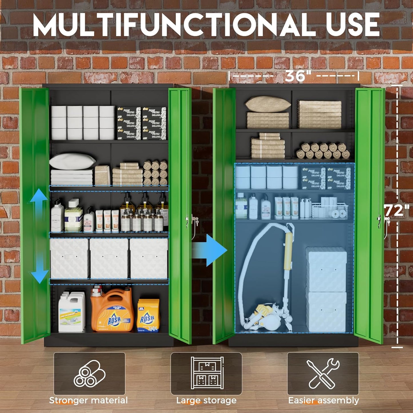 Greenvelly Metal Storage Cabinet,72" Steel Storage Cabinets with Doors and Adjustable Shelves, Metal Tool Cabinets, Locking File Cabinet for Home Office, Garage, School (Black Green36 Wx18 D)