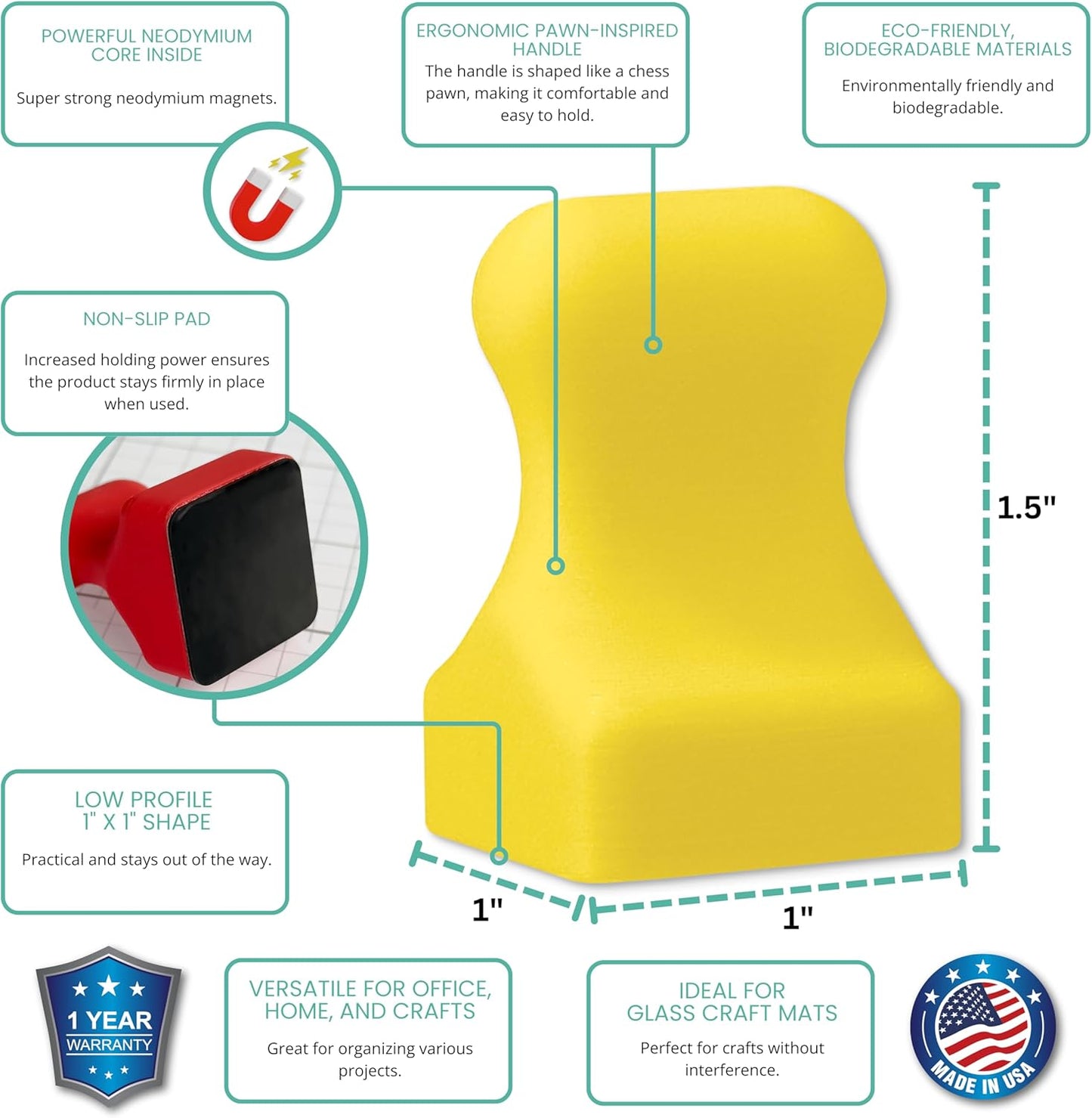 Glassboard Studio MiniPawn Magnet - Strong Neodymium Rare Earth Magnets for Fridge, Whiteboard, Locker & Magnetic Glassboards - Crafting & Office Use - Strong Fridge Magnets (Sunshine Yellow, 2)