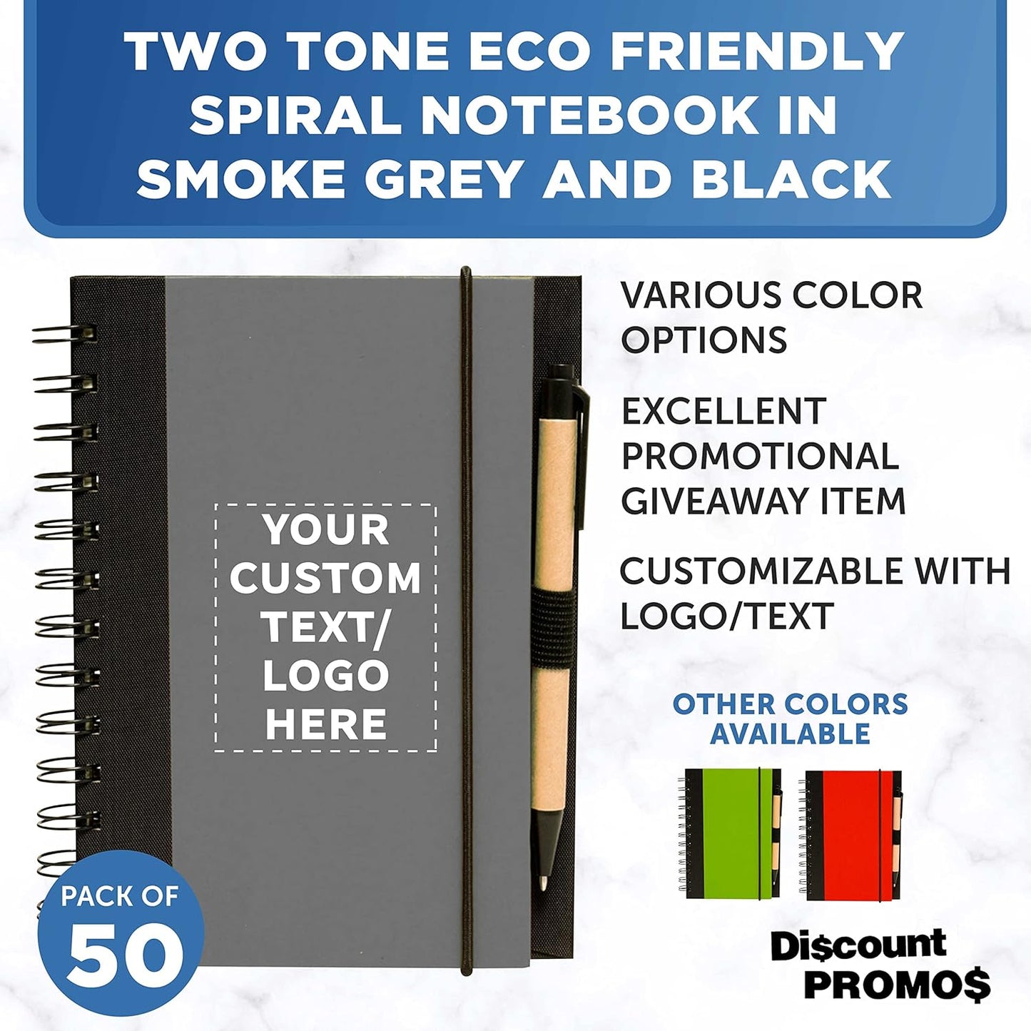 DISCOUNT PROMOS Custom Eco Block Notebooks with Pens Set of 50, Personalized Bulk Pack - Perfect for School, Office, Business, Home - Smoke