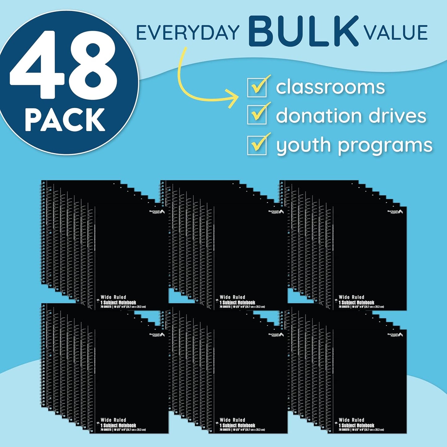Blue Summit Black Wide Ruled Spiral Notebooks Bulk, 1 Subject Spiral Notebook Wide Ruled, Paper School Bulk Notebooks, 48 Pack