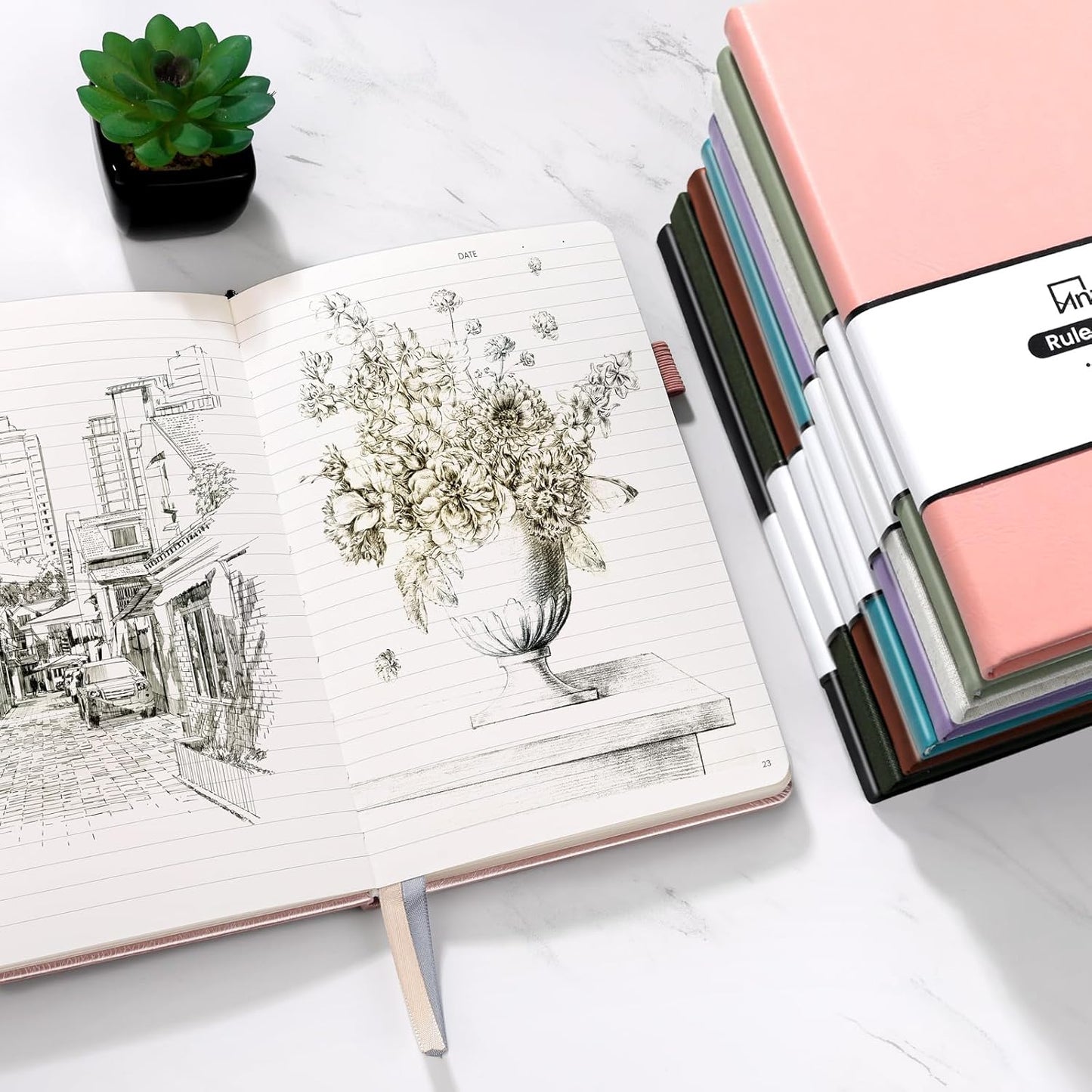 Annecy Lined Journal Notebook, Hardcover Numbered College Ruled Journal, Medium 5.5x 8.25, 160 Pages 100GSM Writing Paper, Peach Pink