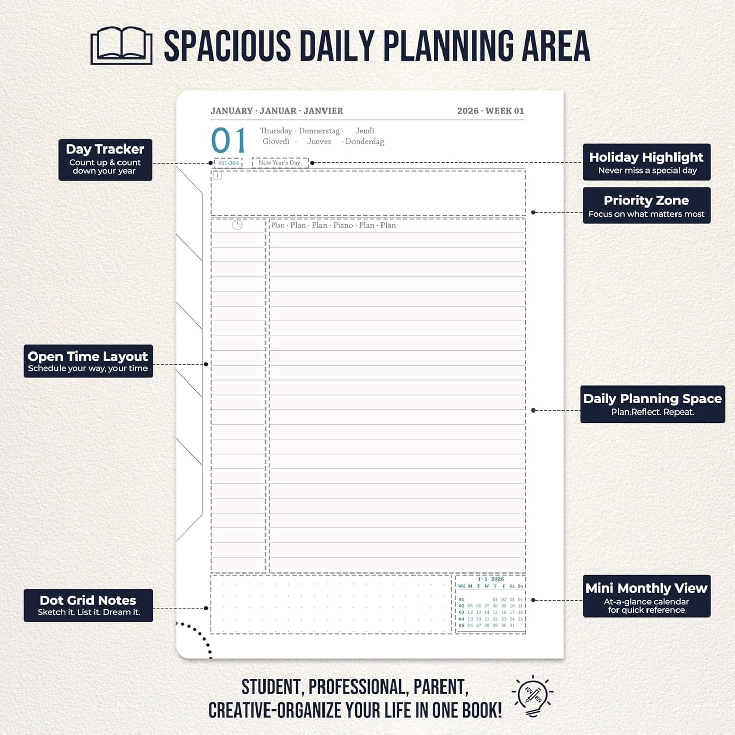Daily Planner 2026 with One Page Per Day,(A5-8.5" x 5.9"),12 Months Calendar Hourly Appointment Book Monthly Tabs & Self-adhesive Pen Holder,Inner Pocket,Durable Vegan Leather,Dark blue