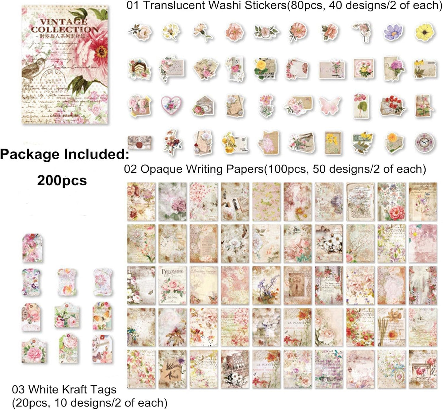 200PCS Vintage Scrapbooking Supplies Pack, Aesthetic Scrapbook Sticker Paper Art Journaling Kit for Bullet Junk Journals,Planner,Cottagecore Decor Gifts (Multiflora)