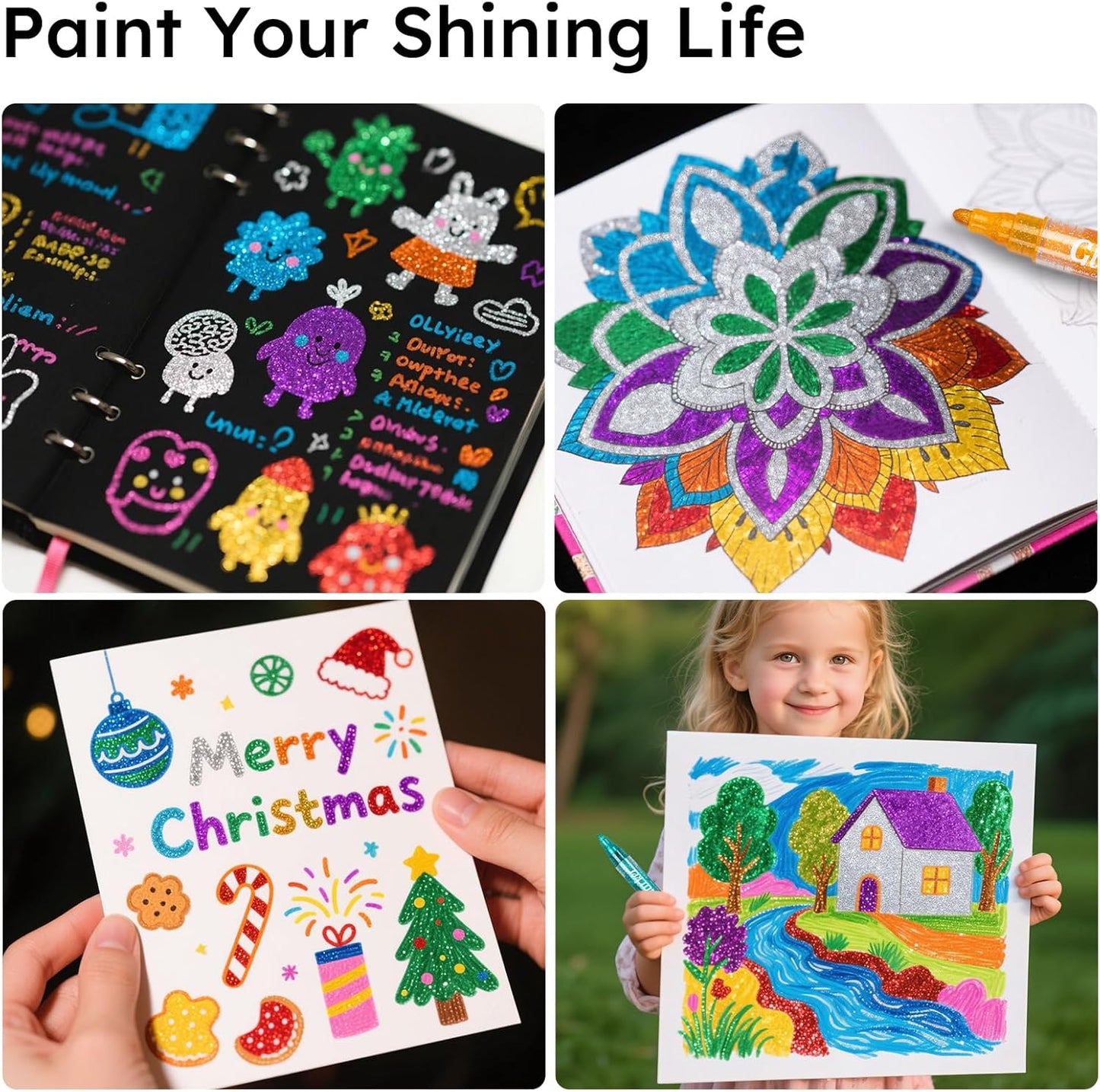 Glitter Markers,16 Colors Metallic Markers Sparkle Pens for Adults Kids,Arts & Crafts Supplies,Rock Painting, Wood, Scrapbook, Birthday Cards, Dual Tip Glitter Acrylic Paint Pens Set of 8