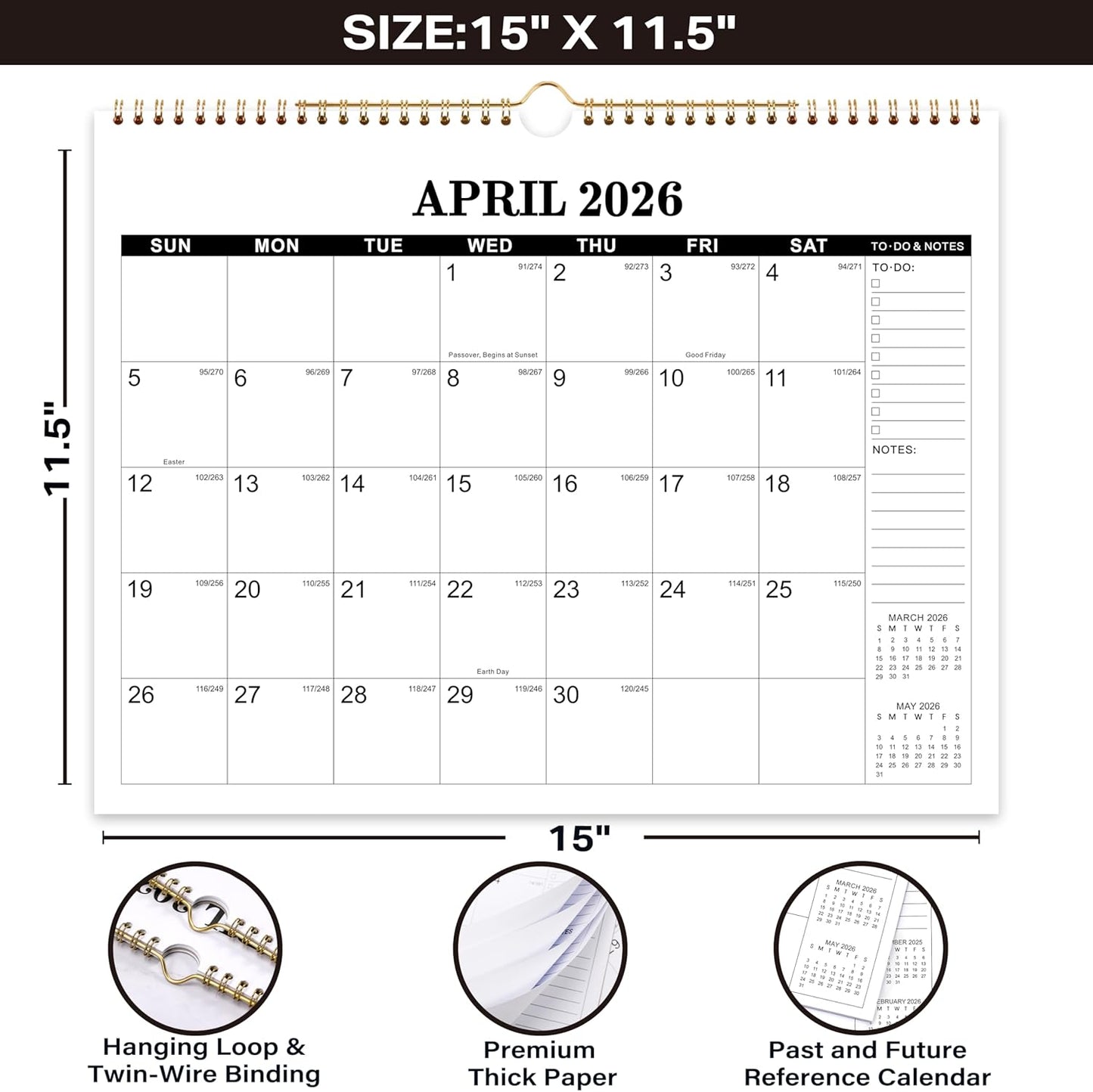 2026 Calendar - 2026 Wall Calendar, Jan. 2026 - Dec. 2026, 14.6'' x 11.4", Large Wall Calendar with Highlighted Holidays, Sturdy Binding, Calendar for Planning