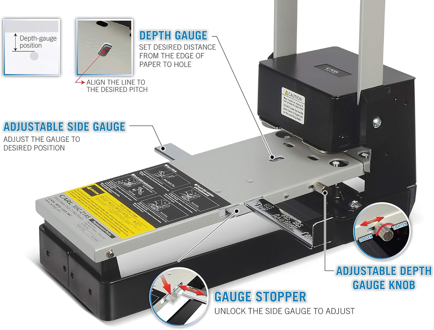 CARL, XHC-2145, Heavy Duty 2-Hole Punch – 145 Sheet Capacity Paper Puncher with Precise Spacing, Built-in Waste Bin, Fits US & Metric Brooch Sizes – Office, School & Binder-Ready Use.