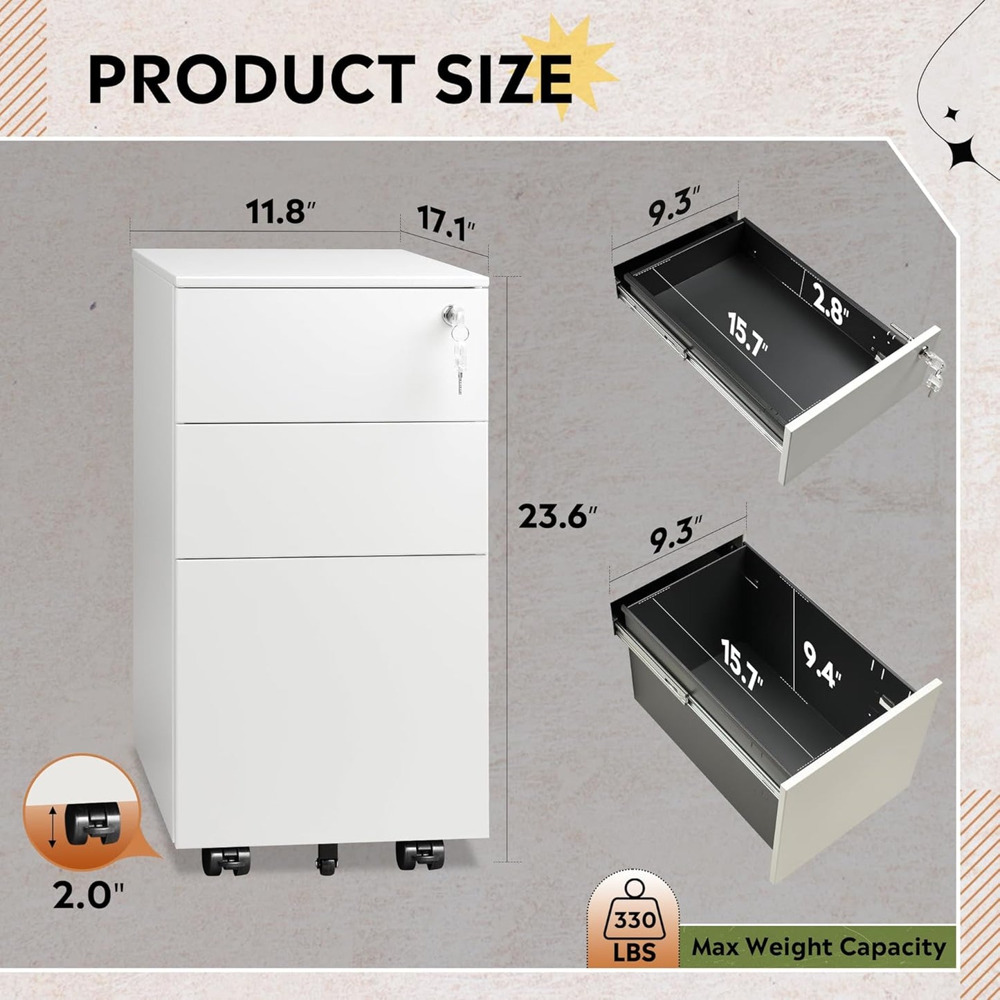 DEVAISE White File Cabinet, Small Filing Cabinet with 3 Drawers with Slim Width for Home Office, Rolling Under Desk Storage (11.8 inch)
