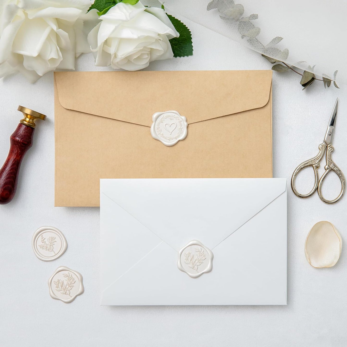 60 Pcs Ivory Wax Seal Stickers Self-Adhesive Envelope Seals Stamp Stickers, Perfect for Wedding Invitations Seating Chart Christmas Gift Wrapping 3 Designs in 1 Pack