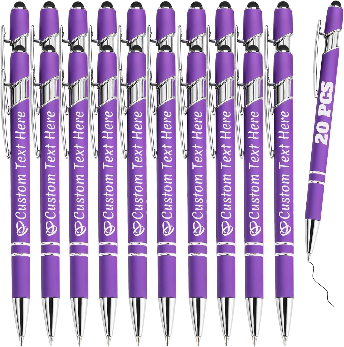 Personalized Pens Bulk 20 with Name Custom Engraving Ballpoint Pens with Stylus Tip Customized Smooth Writing Pens Personalized Gifts for Anniversary Birthday or Graduation(Purlpe,Black Ink)
