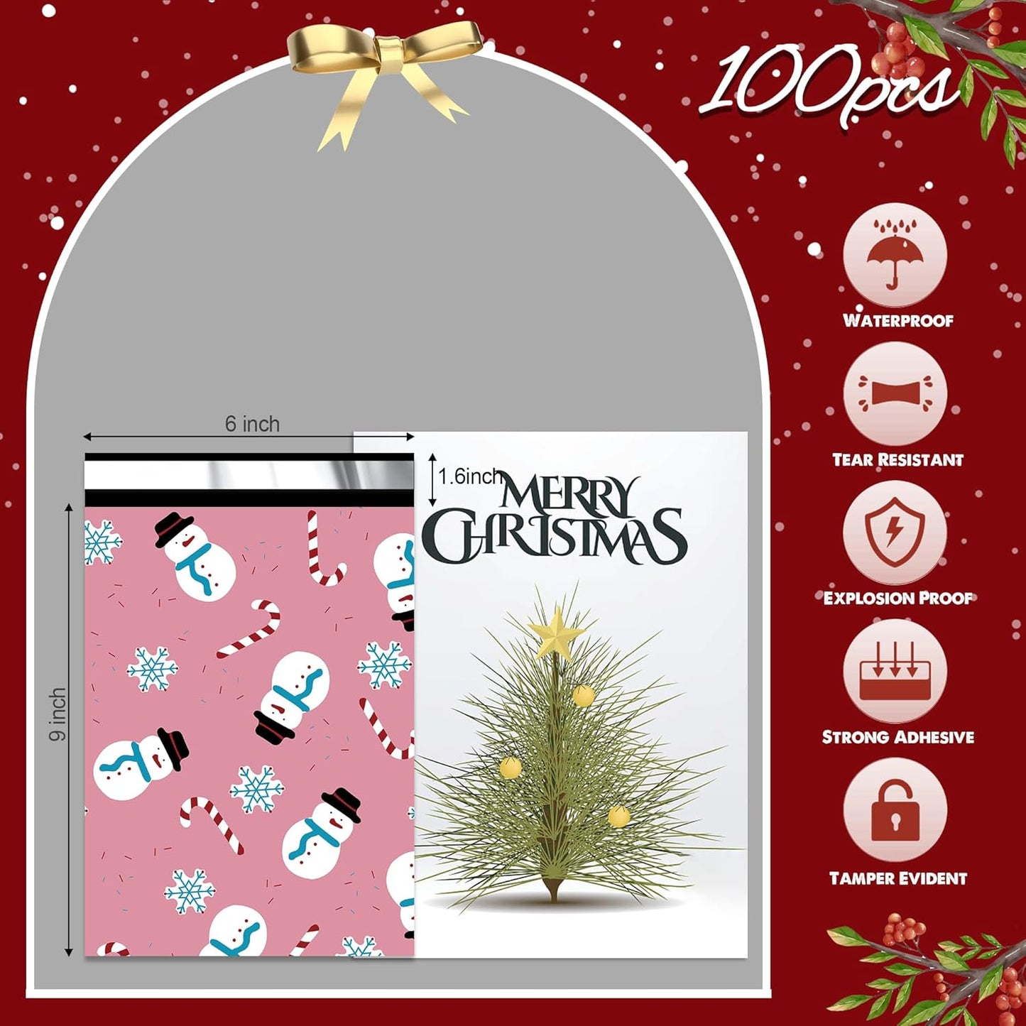 Christmas Poly Mailer 6x9 Inch 100 Pcs, Waterproof Shipping Bags for Clothing, Tear-Resistant Mailier, Strong Mailing With Self-Seal - Snowmen Printed