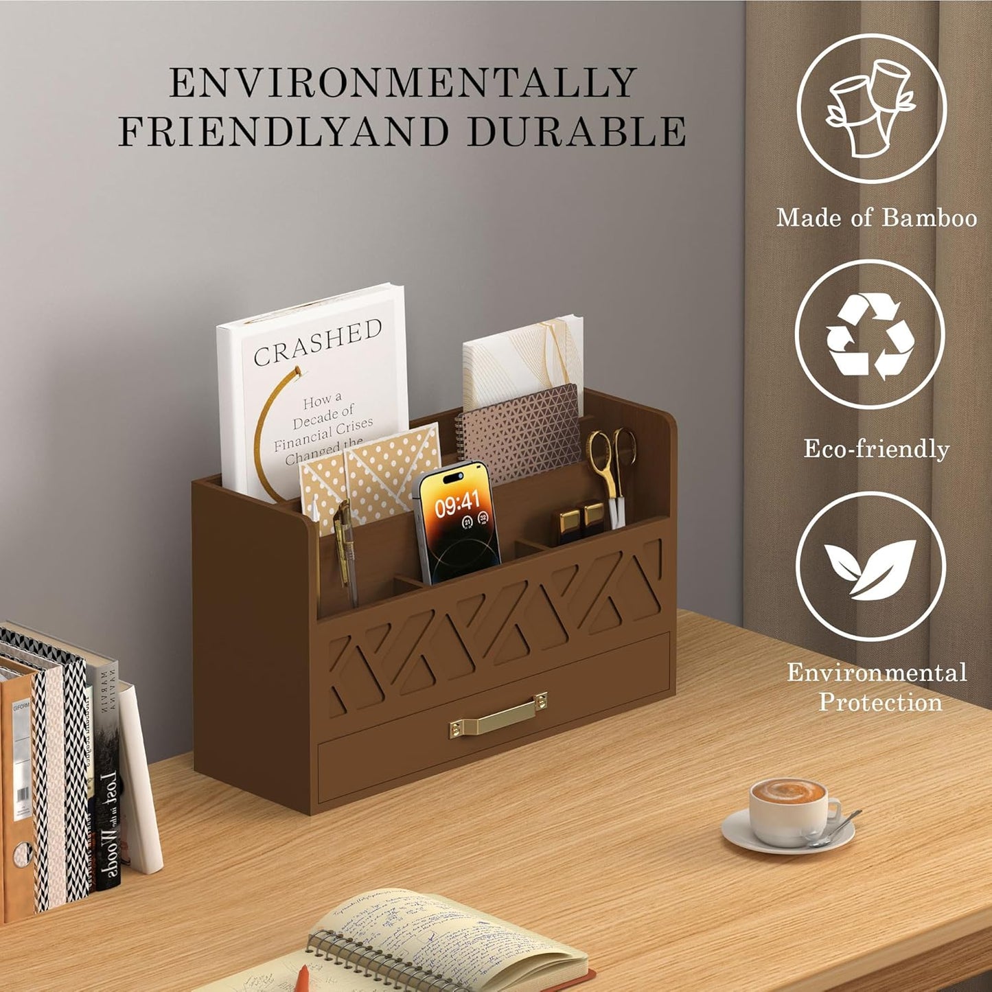 Bamboo Mail Organizer Countertop Wood Desk Organizer Drawer Tabletop Storage Box Letter Sorter Makeup Organizer for School Home Office Supplies Brown