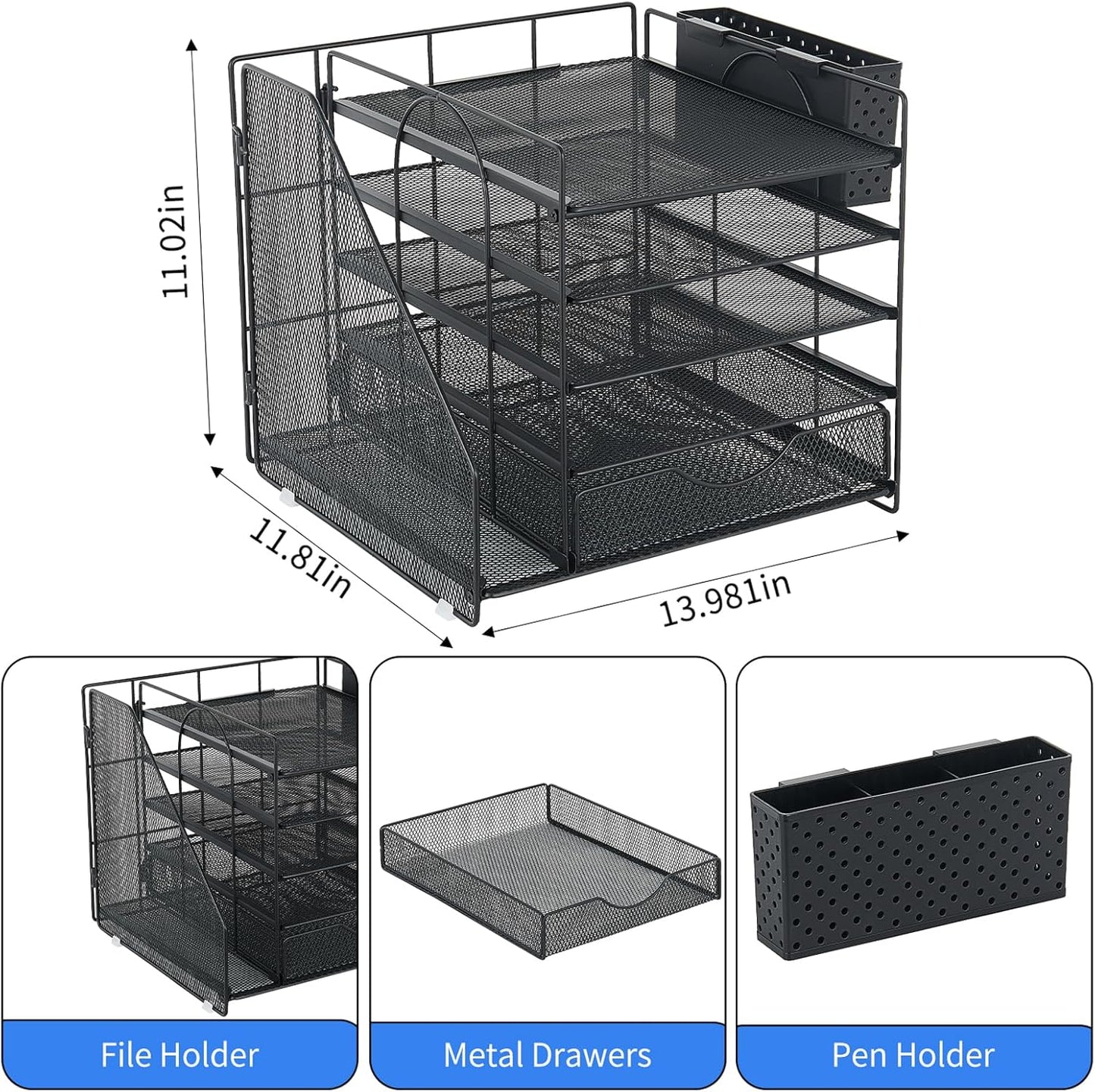 Desk Organizer with Drawer and Pen Holder, 5-Tier Paper Letter Tray Organizer with File Holder, Suitable for Workspace Organizer Office Supplies Storage (Black)
