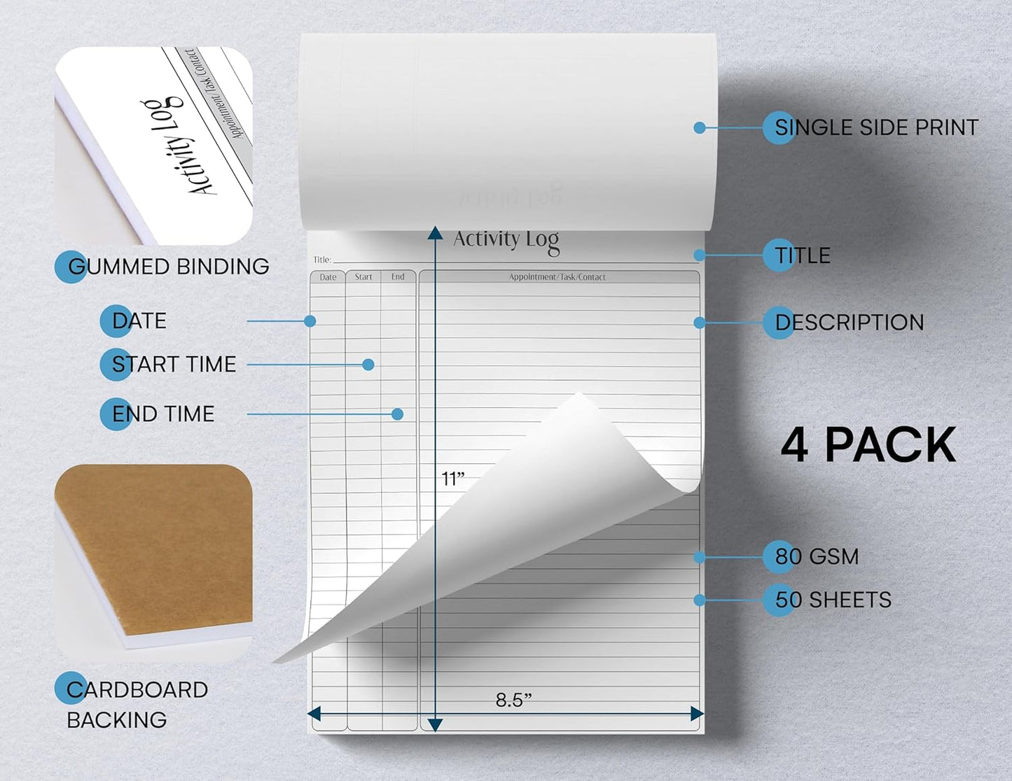 Better Office Products Activity Log Notepad, 8.5" x 11", Planning Note Pad, 50 Sheets, Daily Time Tracking Productivity Checklist Organizer,(4 Pack)