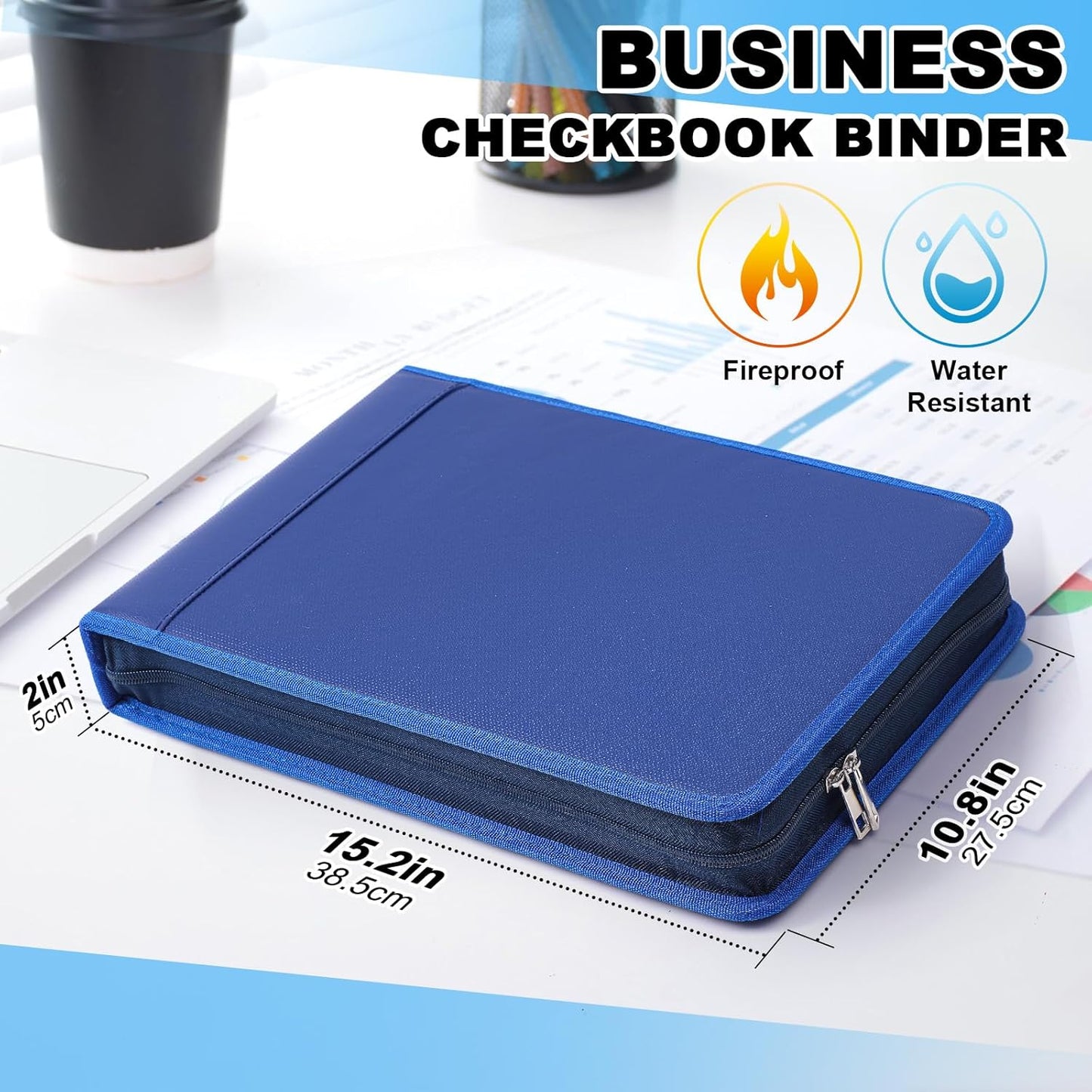 Henoyso 3 Rings Fireproof Business Check Binder with Zipper 1.5 Inch D Rings 3 on a Page Fit 3 & 9 Holes Check 600 Sheets Capacity Organizer Binder for Office Storage End Stub Deskbook (Dark Blue)
