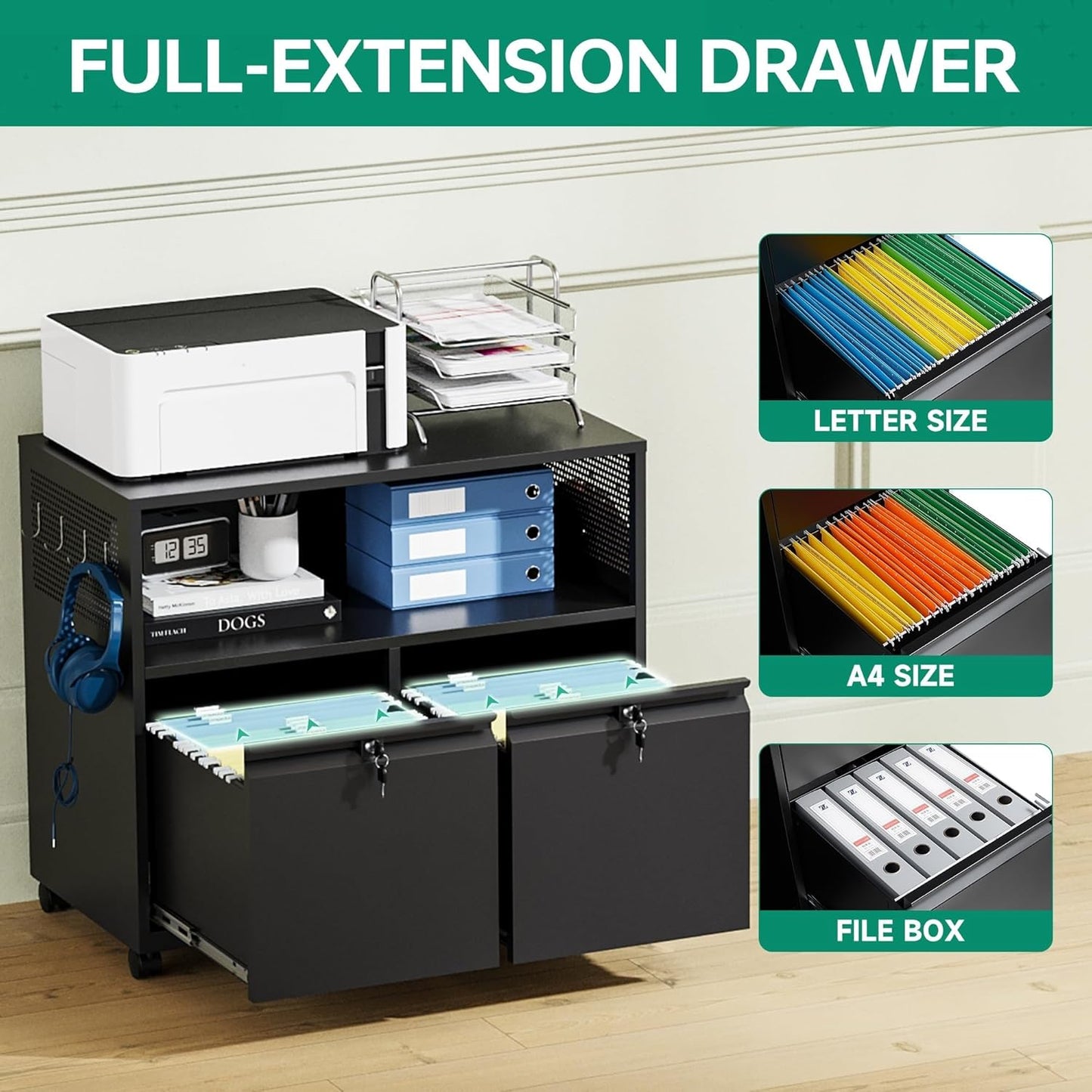 Letaya Mobile 2 Drawer File Cabinet with Lock, Metal Lateral Printer Stand Filing Storage Cabinets with Shelves for Home Office-A4/F4/Letter (Black)